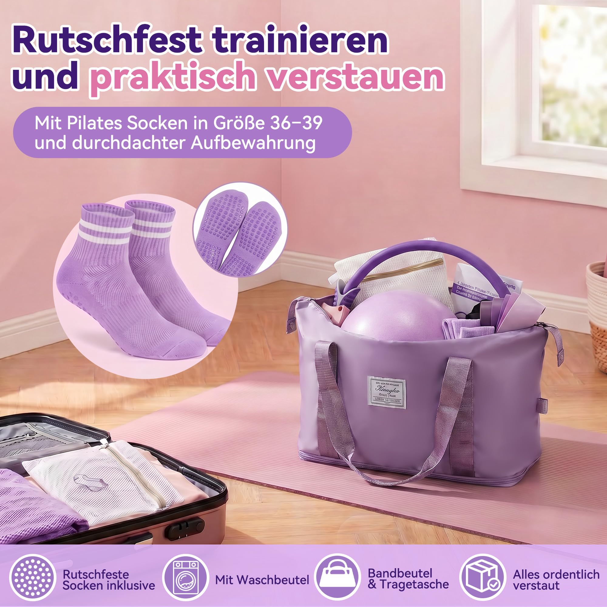 Pilates Set für Anfänger, für Fitness und Training zu Hause | Pilates Ring Set mit Ball, 5 Widerstandsbändern, Socken und 4-Wochen-Plan für Damen, Kraft, Balance und Beweglichkeit