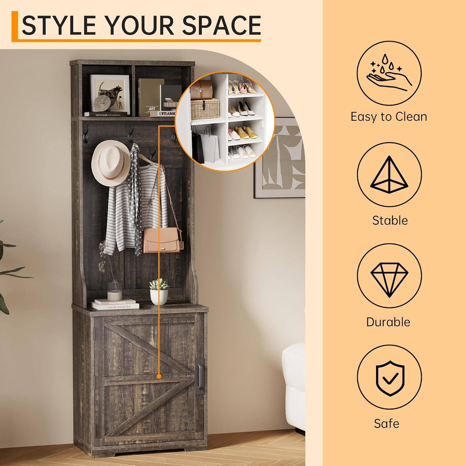 TROPOW Farmhouse 3-in-1 Entryway Hall Tree with Bench, Coat Rack & Shoe Storage, 5 Heavy Duty Hooks, 2 Open Cubbies, Anti-Tip Kit, Space-Saving Entryway Organizer for Foyer, Hallway, Mudroom, Brown