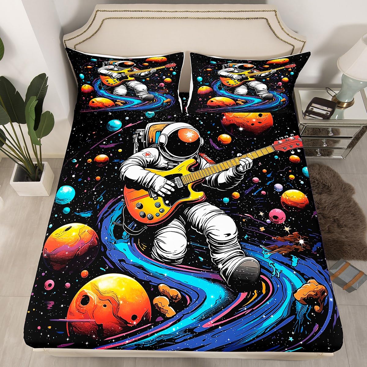 Castle Fairy Astronaut Bed Sheet Set Twin Size,Guitar Music Galaxy Sheet Set Kids Teens,Planet Starry Sky Bedding Decor Set with 1 Flat & 1 Fitted Sheet with 1 Pillow Sham