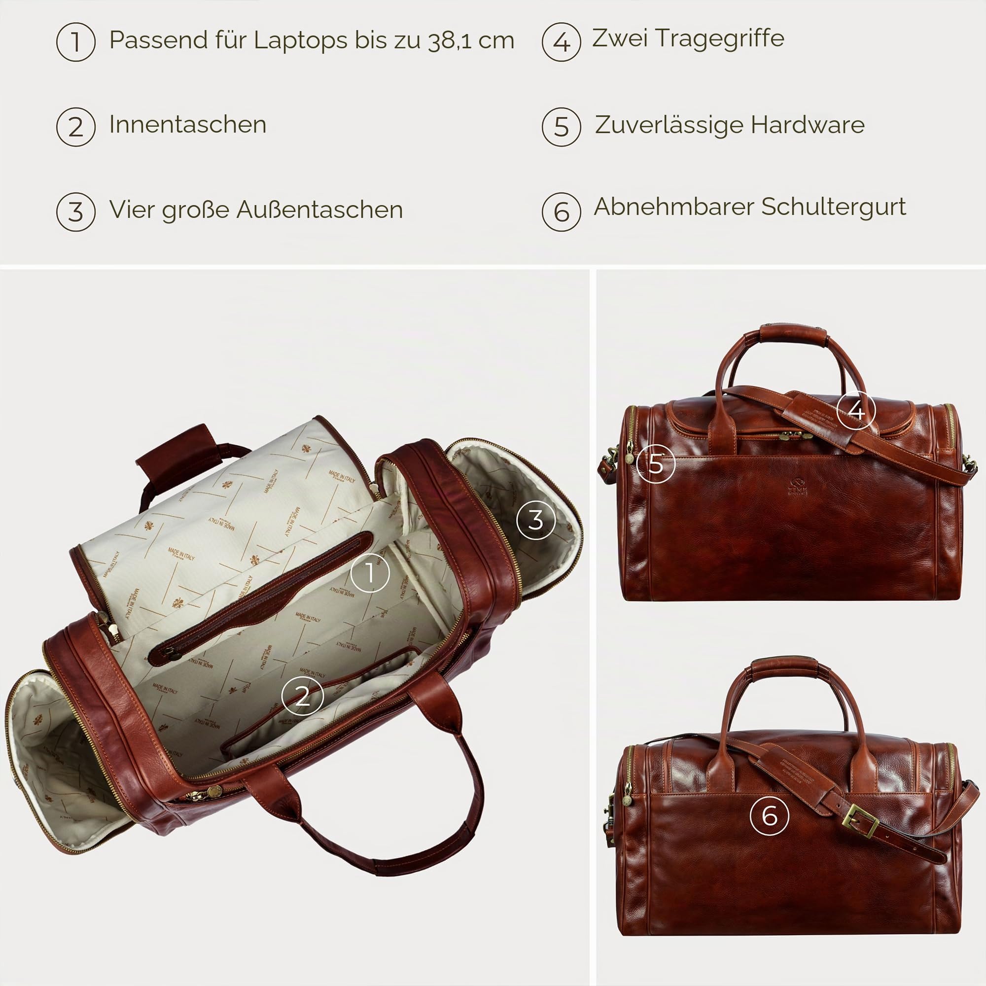 Weekender Herren und Damen - Reisetasche Leder - Made in Italy - Hochwertige Reisetaschen - Edel & Elegant - Time Resistance