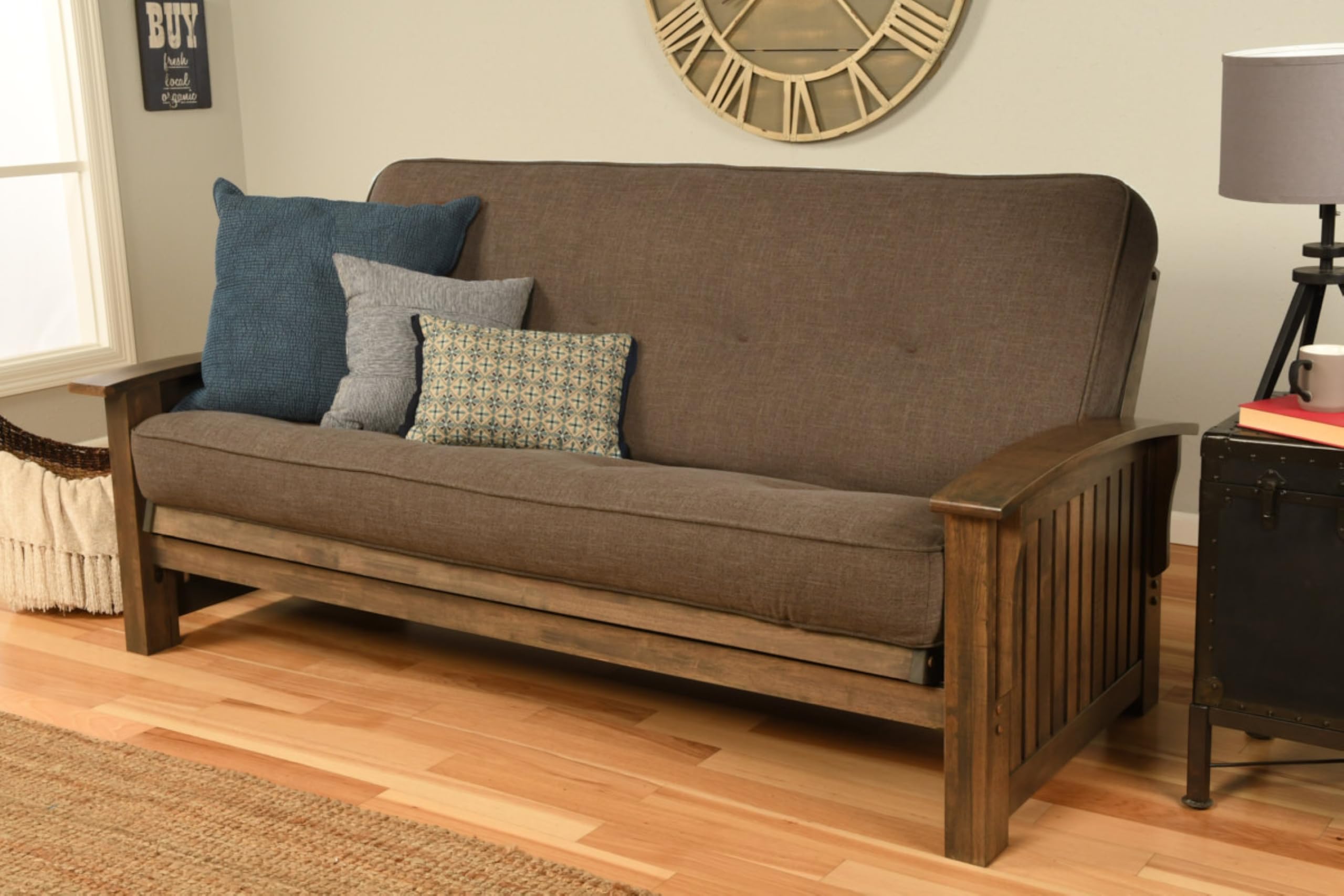 Kodiak Furniture Washington Full Size Futon Sofa Bed, Rustic Walnut Hardwood Frame with Linen Cocoa Mattress, Convertible Couch for Living Room and Porch, Mission Style Arms