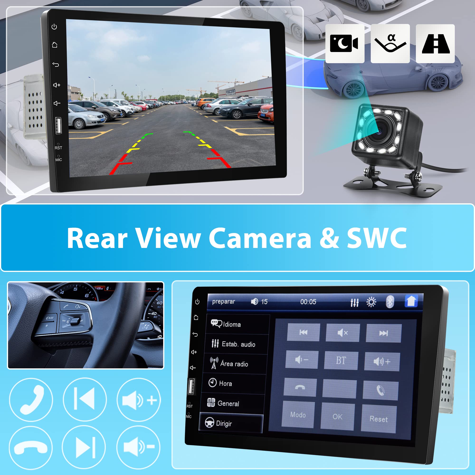 1 Din Autoradio met 9 Inch Scherm Car Audio Radio met Handsfree Bluetooth FM USB Mirror Link Gekleurde knop verlichting Achteruitrijcamera