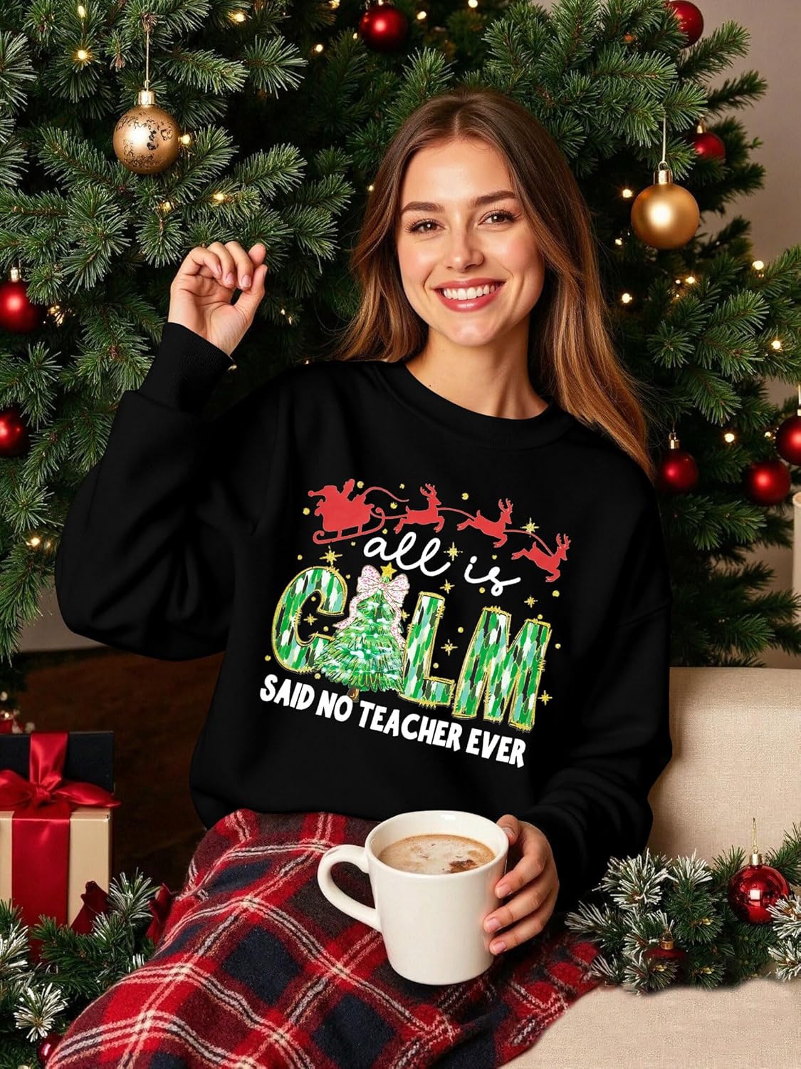 MOUSYA Teacher Christmas Sweatshirts for Women Christmas Tree Bow Pullover Top Crewneck Xmas Holiday Long Sleeve Shirt - Image 2