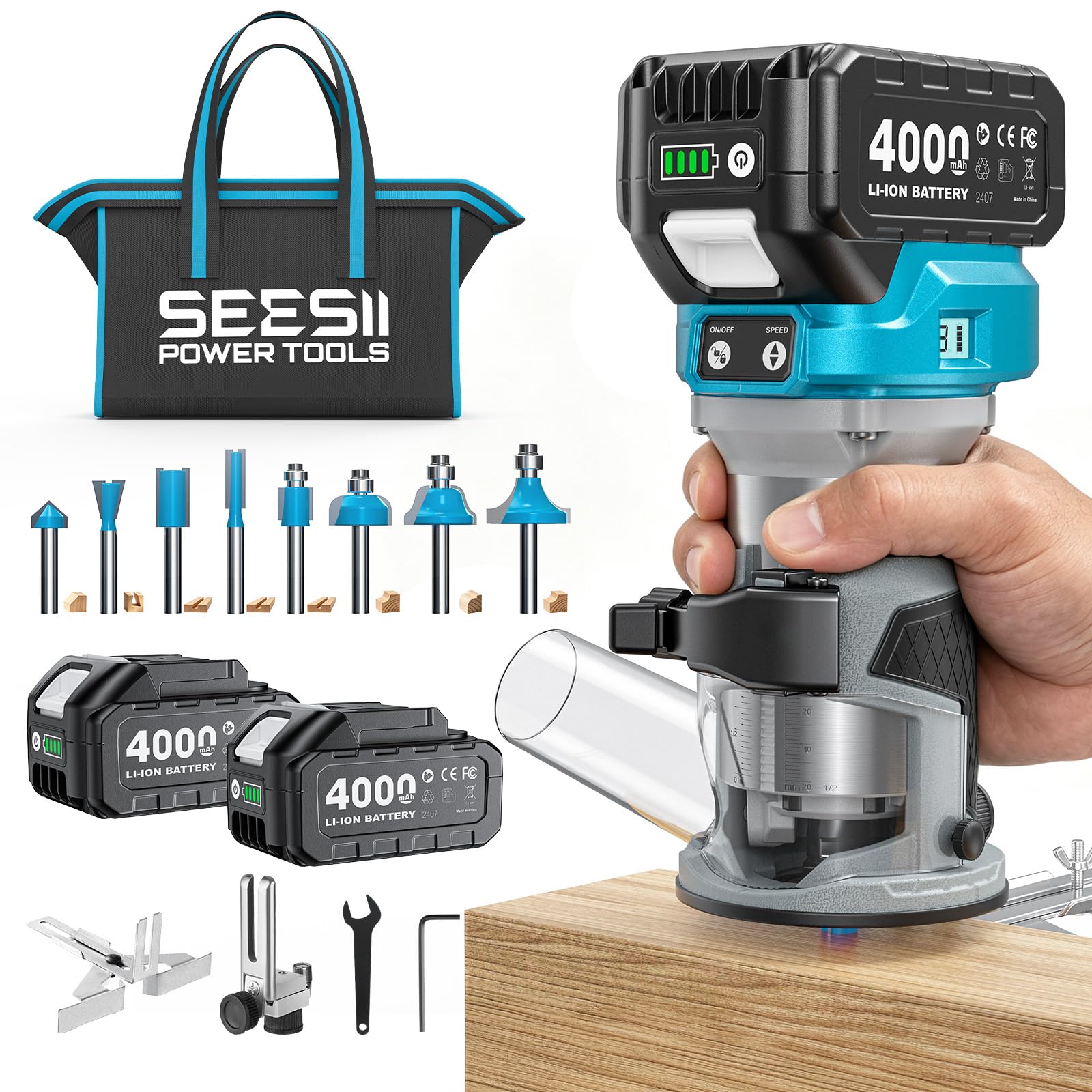 SEESII Fresadora Para Madera, 33000RPM motor sin escobillas | fresadora a batería con 2 baterías de 4,0 Ah,Base de Aluminio, Indicador LED, fresa de 1/4", para trabajar la madera