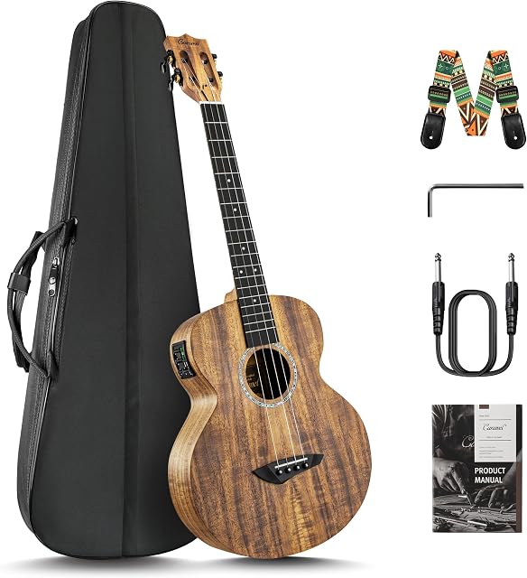Caramel CB207 Acacia Baritone Acoustique Ukulele électrique avec tige de Truss avec cordes supplémentaires, Gig Bag rembourré, Sangle et EQ câble