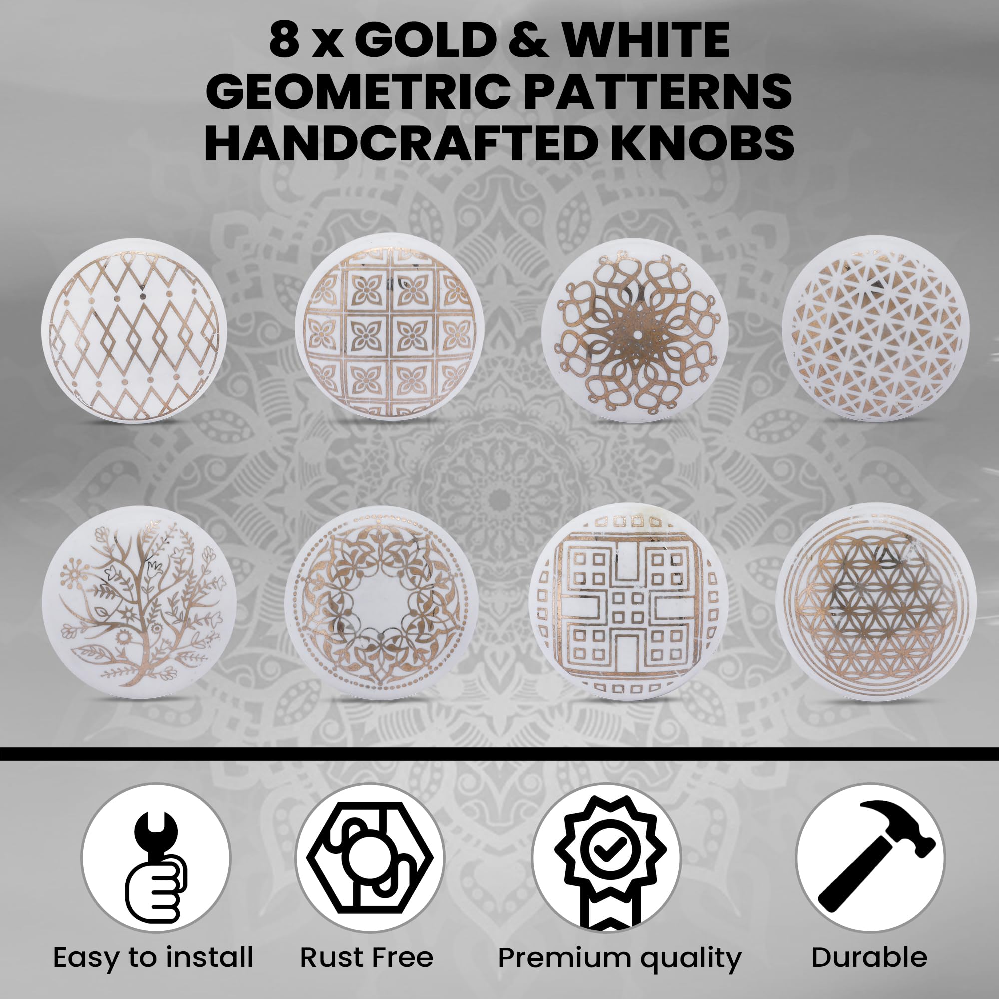 ETHNICITI 8 x Round Gold & White Handmade Geometric Ceramic Door Knobs Cupboards Drawers Cabinets Wardrobe Assorted Vintage Shabby Chic Kitchen Bedroom Living Room Furniture Dressers Pulls Handles - Image 2