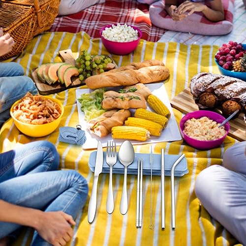 Miniatura 5 de LIANYU Juego de cubiertos de viaje de 9 piezas, cuchara de tenedor de cuchillo de acero inoxidable, palillos, pajitas de metal, cepillo de limpieza,