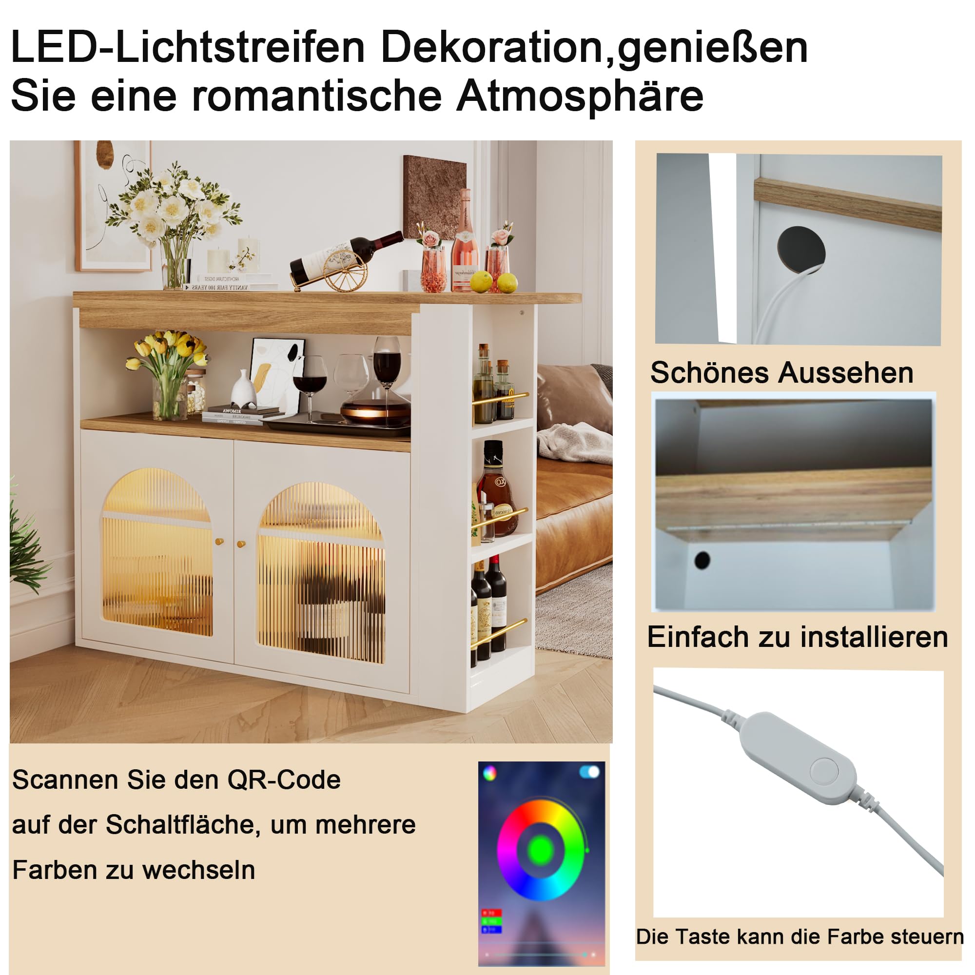 Merax Bartisch Ausziehbarer, 360° drehbarer Stehtisch mit 2 Glastür, Offenes Staufach, 3 Ablagen, moderner Bistrotisch Küchentisch Kücheninsel mit LED-Licht, für Bar Küche Wohnzimmer Esszimmer, Weiß