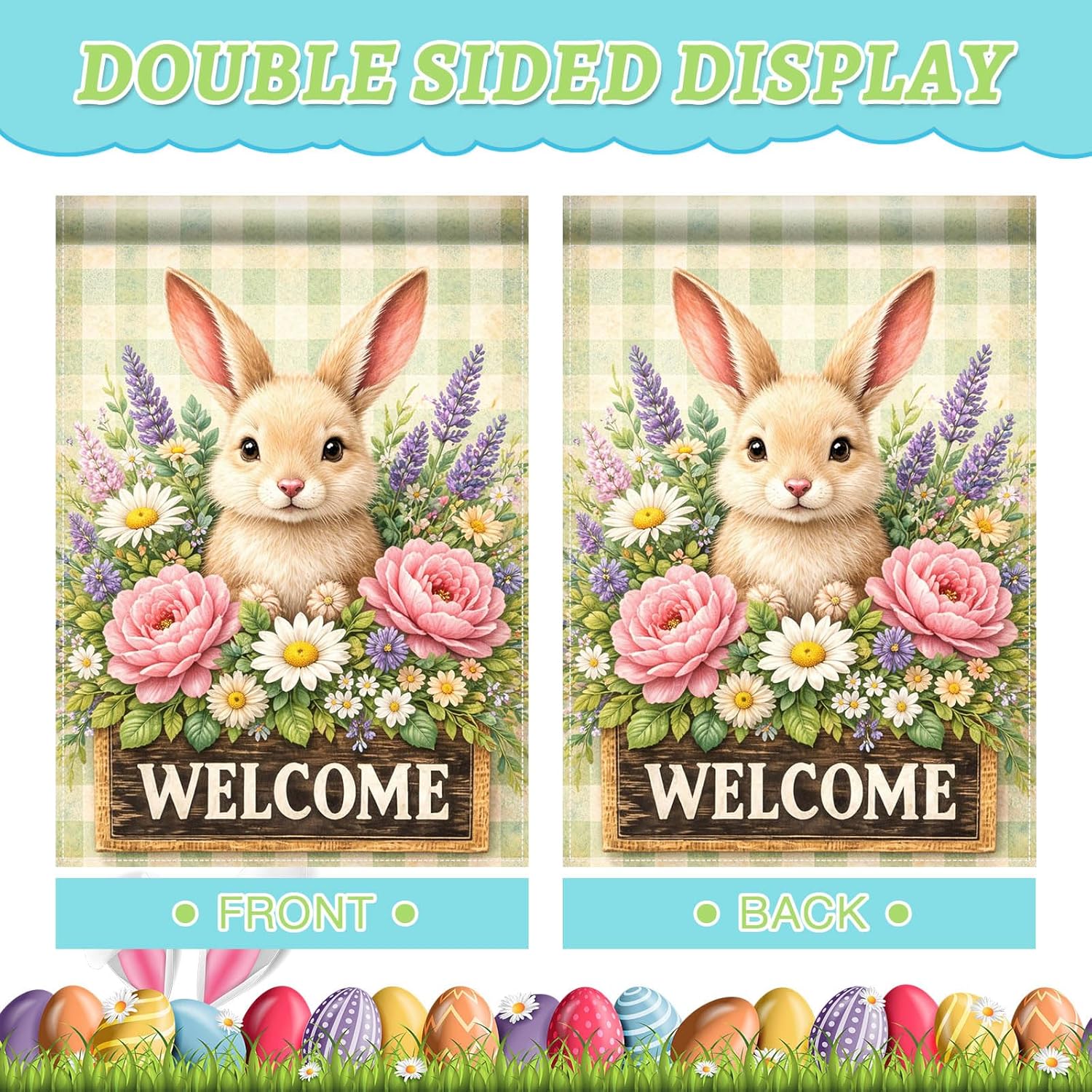 Happy Easter Bunny House Flag 28x40 Inch Double Sided Cute Rabbit with Welcome Sign Spring Floral Garden Flag Large Outdoor Yard Flag Holiday Farmhouse Easter Decor - Image 6