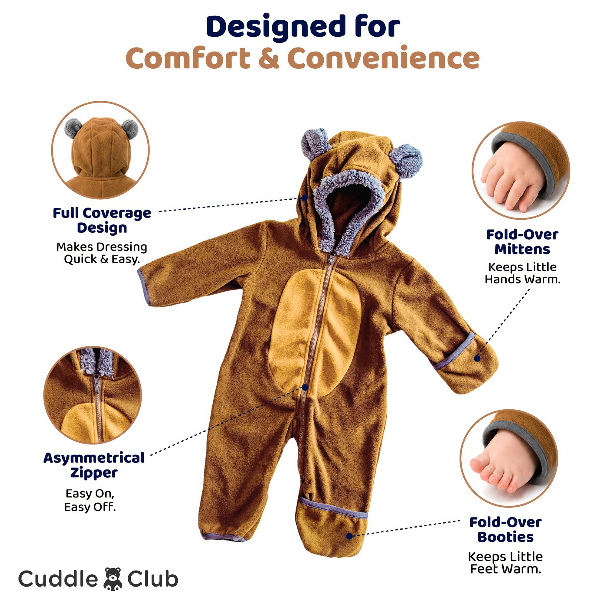 Cuddle Club Fleece Baby Bunting Bodysuit Hoodie, Newborn - 5T, Bear - Brown/Tan, 6-12 Months 1