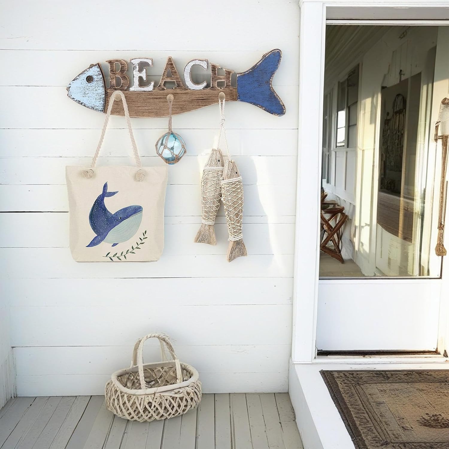 22" Fish Nautical Coat Hook Bathroom Towel Hanger Hanging Plaque for Garden Indoor Outdoor Coat Rack Kitchen Coastal Wall Decor