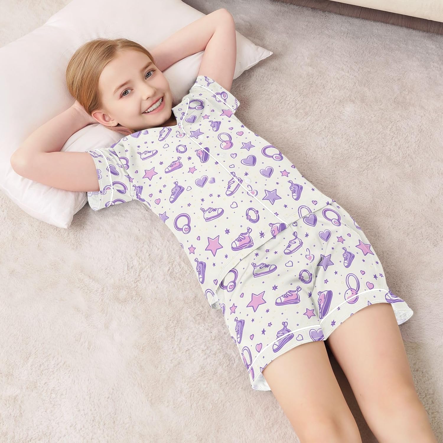 Kids Satin Wear Set Five-pointed Star Shoes Heart Pattern Relaxing Clothing Short Sleeve and Shorts