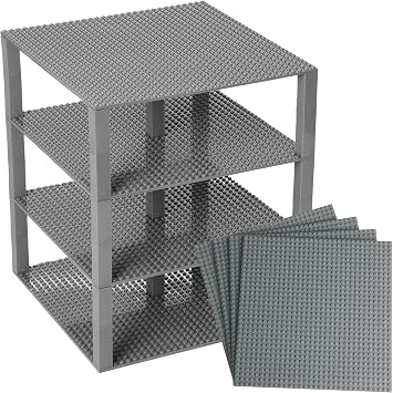 Strictly Briks Baseplate Set - Compatible with Lego, 10 x 10 in 4 Baseplates with 30 Stackers, Stackable Baseplates Building Toy Blocks Custom Display Towers, Kids Gift, Grey