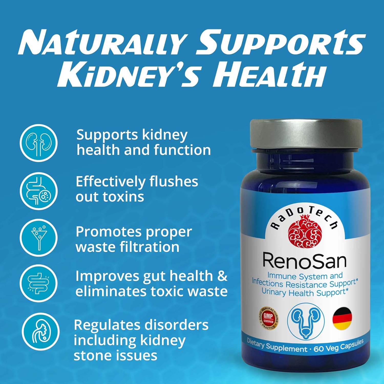 RenoSan, Urinary Tract Health Supplements Promote Kidney Cleanse, Immune Support and Kidney Support Essential with Olive Leaf Extract, Promotes Overall Well-Being, 60 Veg Capsules