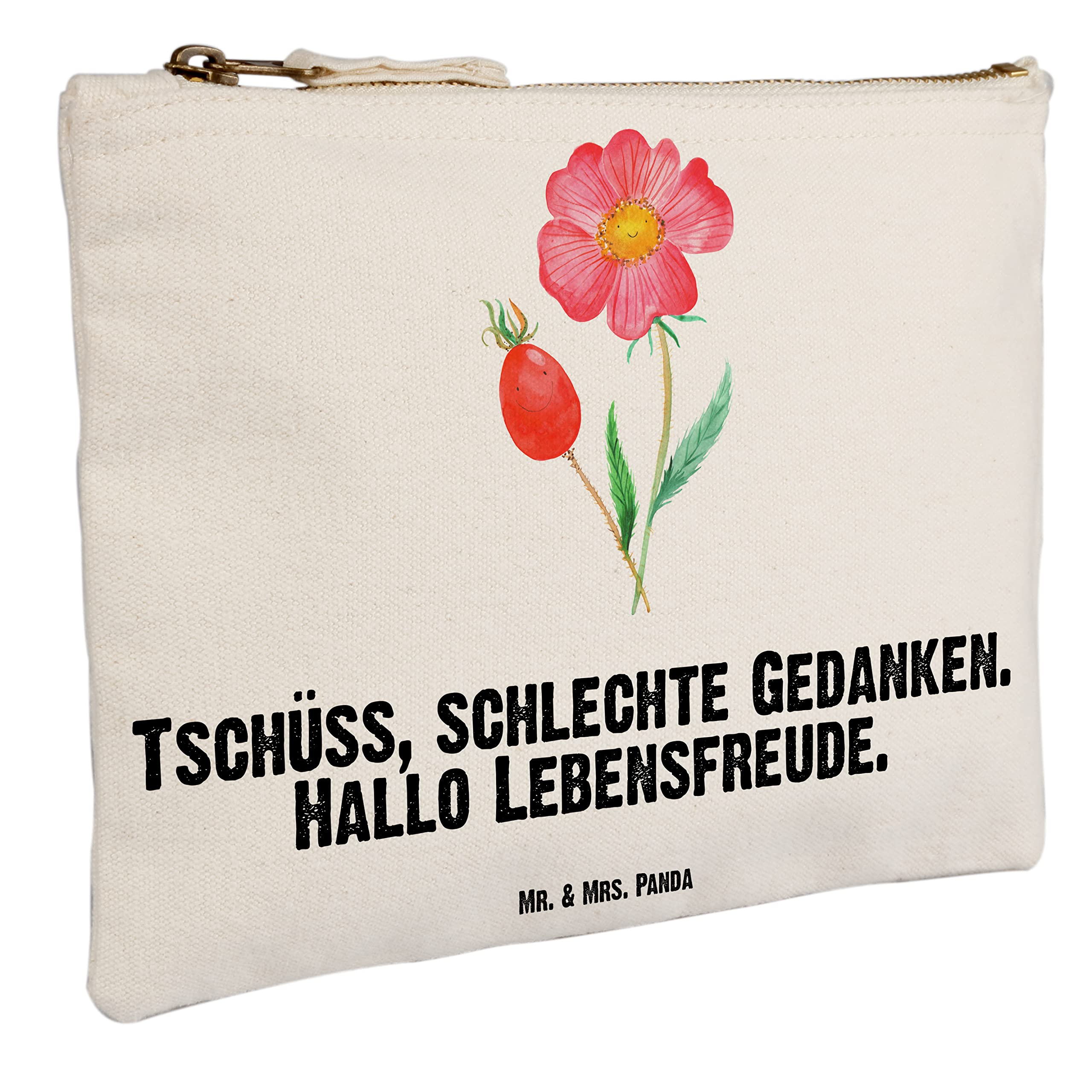Mr. & Mrs. Panda Kosmetiktasche Blume Hagebutte Grösse XL Große - Geschenk, Schlechte Gedanken, Lebensfreude, Etui, Kulturbeutel, kosmetiktäschchen, Stoffbeutel, Garten, Kulturtasche