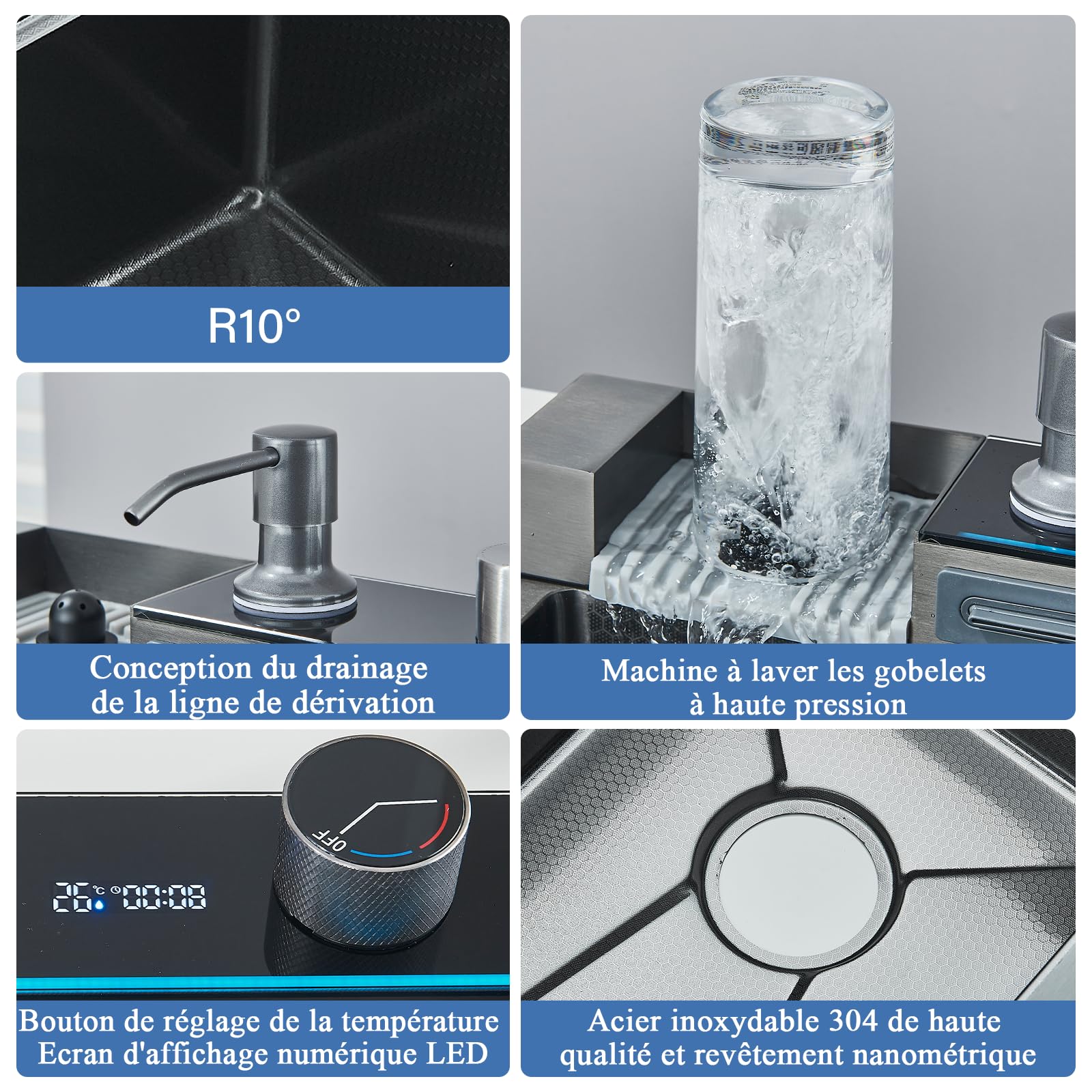 Évier de cuisine en acier inoxydable Évier de cuisine à cascade Évier multifonctionnel à affichage numérique avec nouveau robinet à double mode et accessoires multiples