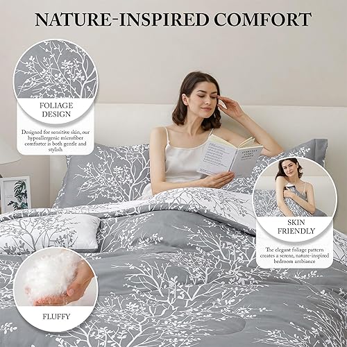 Miniatura 5 de Spirit Linen - Juego de edredón individual de 5 piezas, acogedor juego de edredón de microfibra para dormir profundo con diseño de follaje, juegos