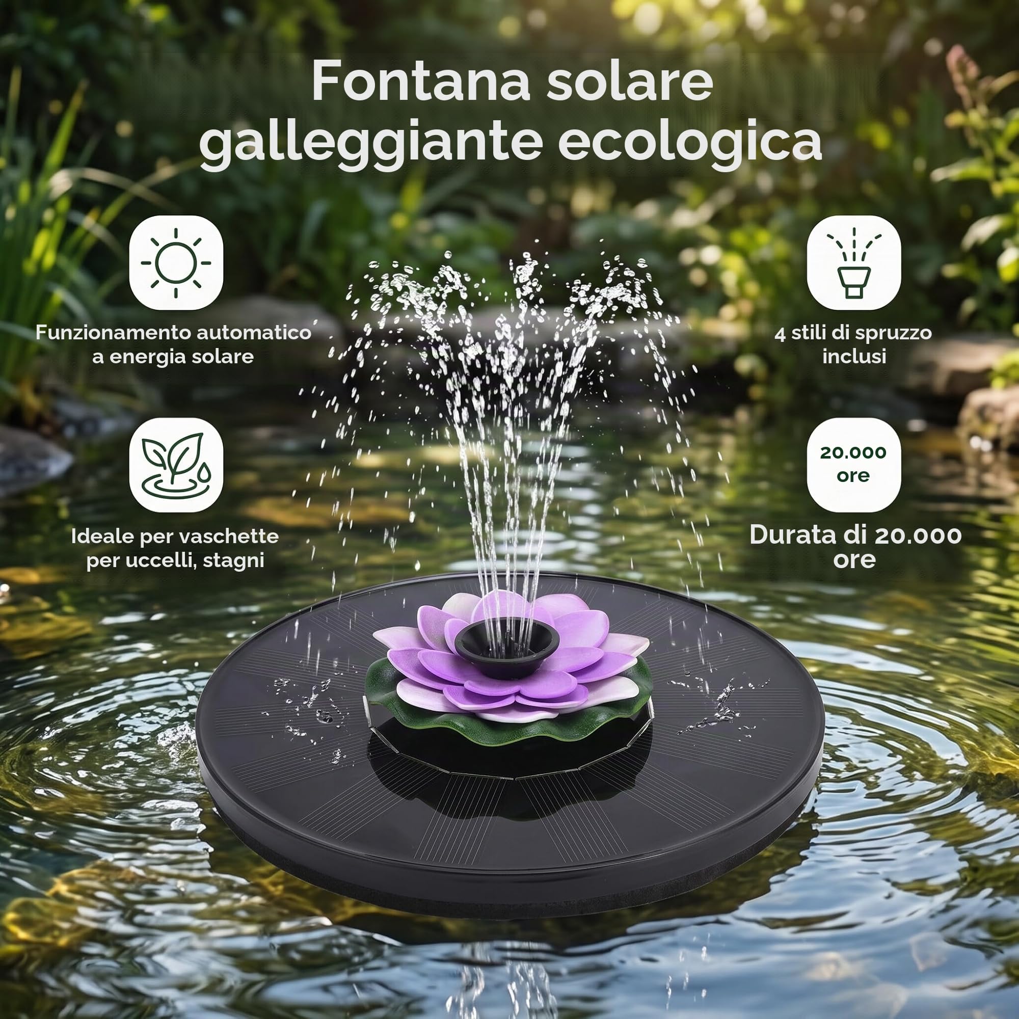 Pompa Fontana Solare, Senza Batteria Necessaria, 4 Stili Spruzzo Regolabili, Adatto Giardino Stagno Piscina Esterno, Flusso 180L/H Altezza 55-95cm, Funziona Ore 7:30-17:00 Sole
