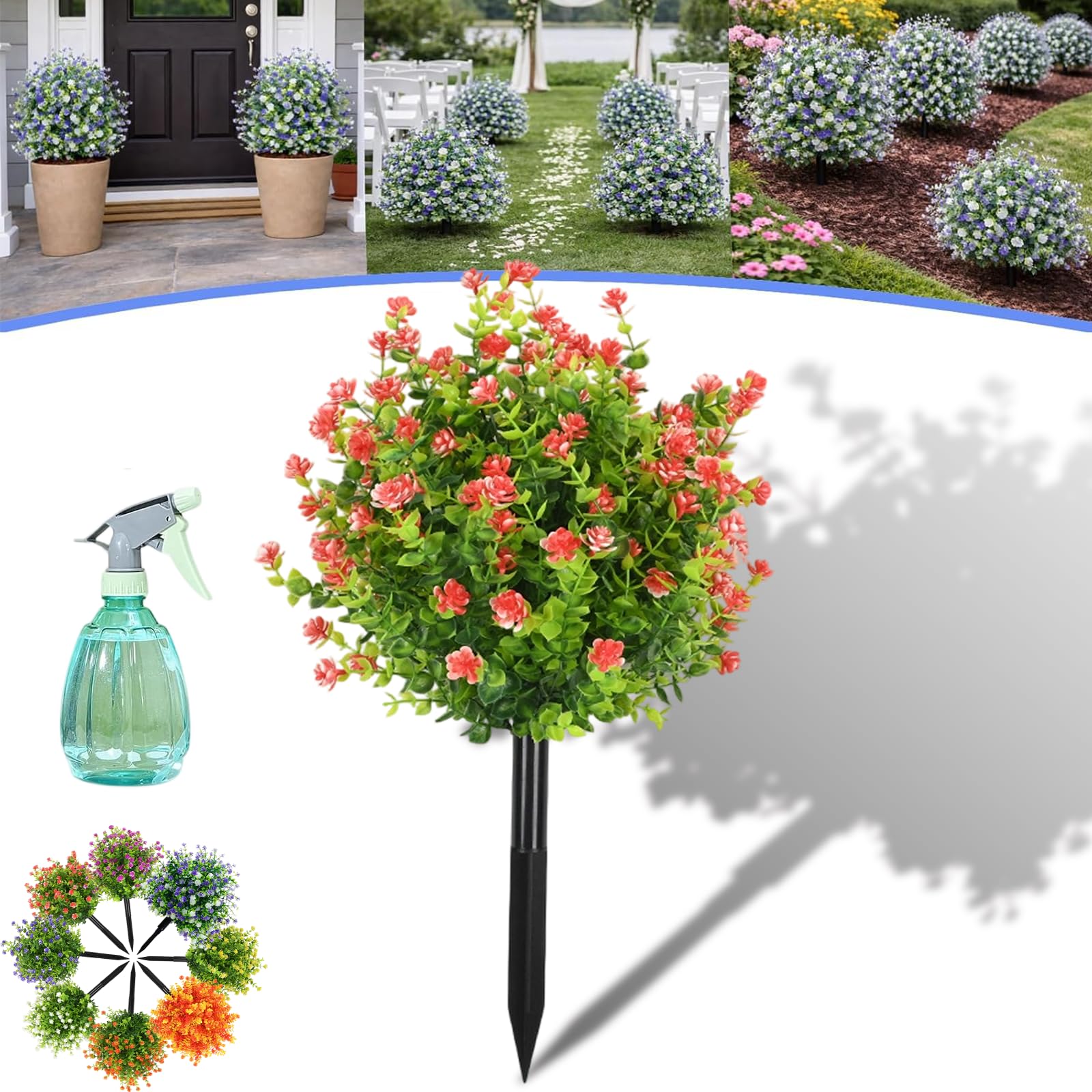 Artificial Potted Trees with Ground Stakes, UV Resistant Faux Plants for Outdoors, Realistic Artificial Outdoor Topiary Bushes in Pots, Fake Garden Shrubs for Front Porch Patio Decor (G,4 Pcs)