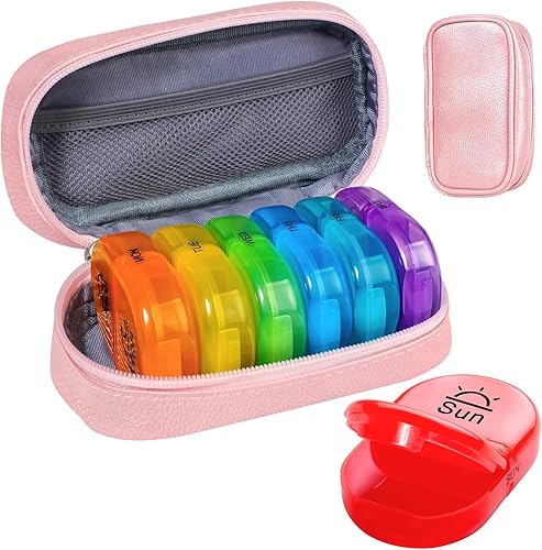 Miniatura 1 de Serfeymi Pastillero semanal de viaje 2 veces al día AM PM pastillero arcoíris mejorado 7 días con cremallera portátil, pastillero de piel sintética,