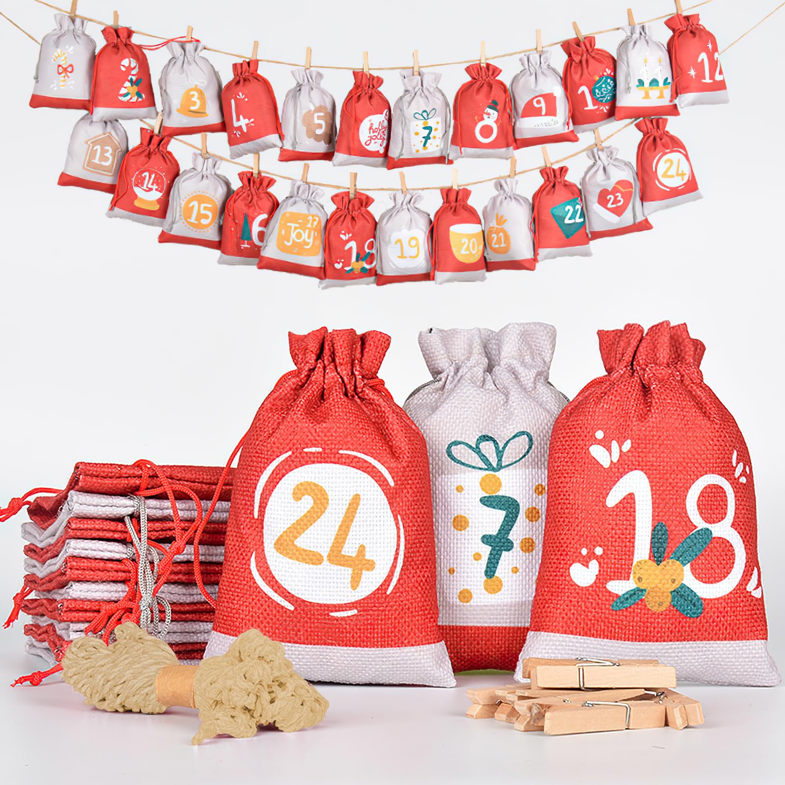 Adventskalender Zum Befüllen - 24 Jutesäckchen Mit Holzklammern & Zahlen