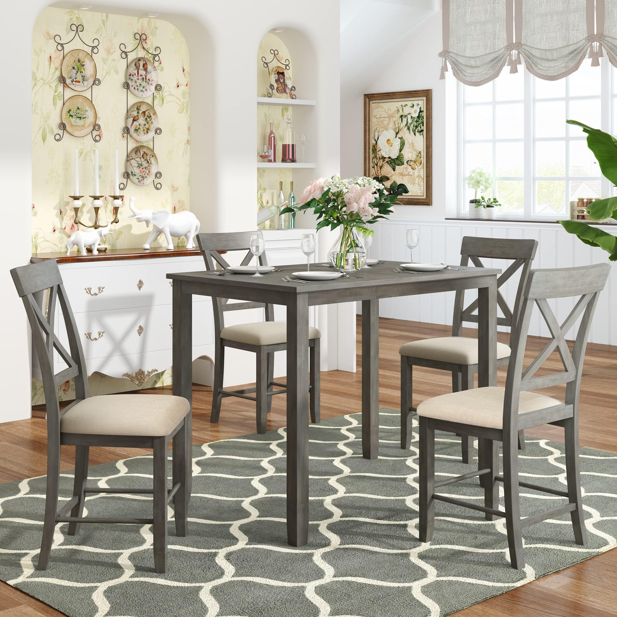 Merax 5 Piece Small Dining Table Set, Farmhouse Style Kitchen Table Set Include Counter Height Table and 4 Padded Chairs, Dinner Table Set for 4