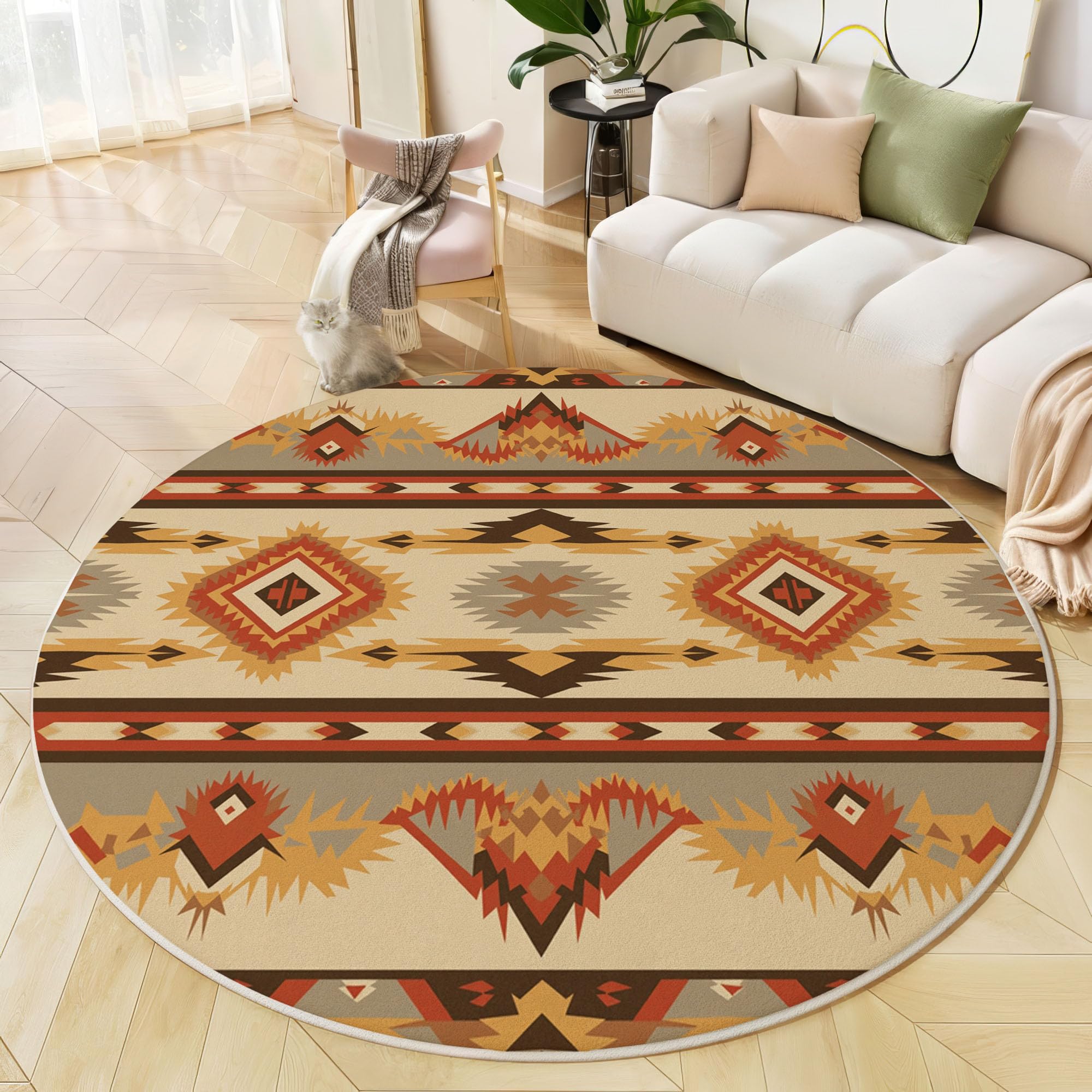 Tapis salon rond brun rougeâtre 160 cm à rayures géométriques occidentales