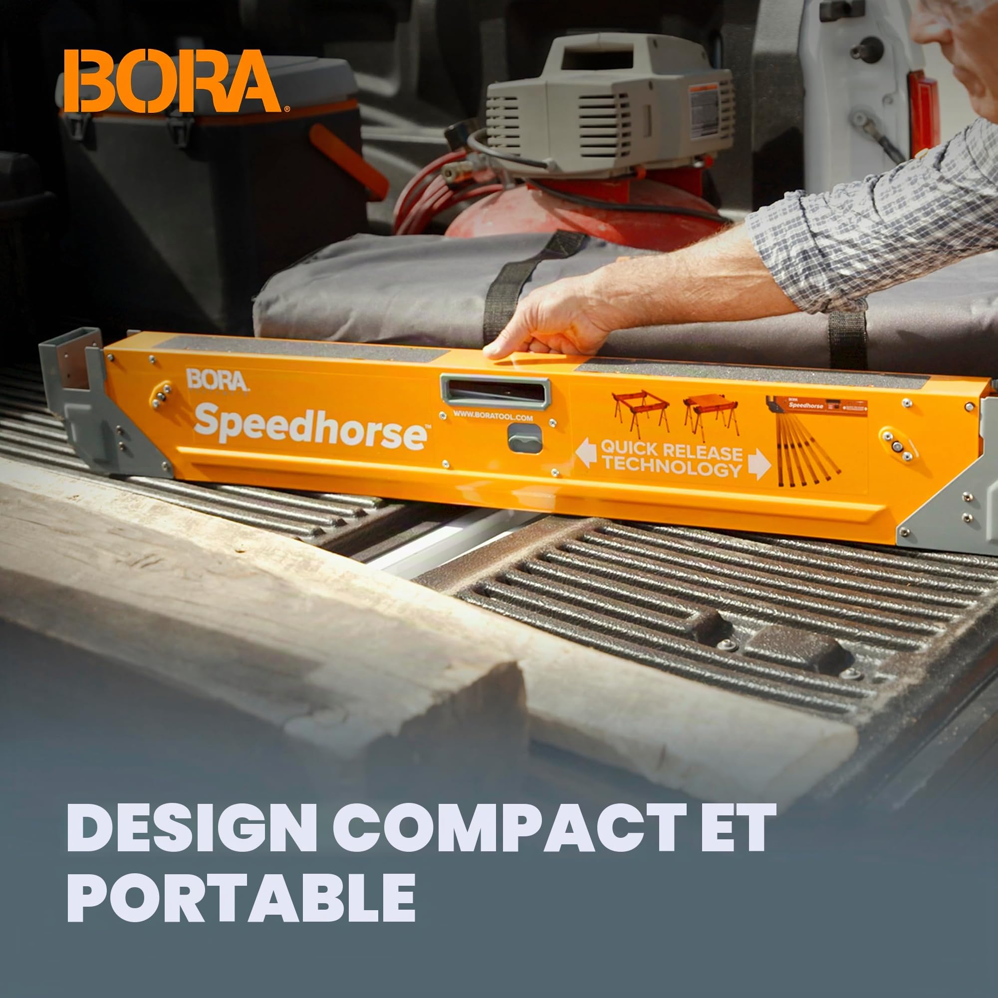 Bora Portamate Speedhorse Chevalet de sciage – Support de table monobloc avec pieds pliants, dessus en métal pour 2 x 4, chevalet de sciage professionnel robuste pour travail du bois, charpentiers,