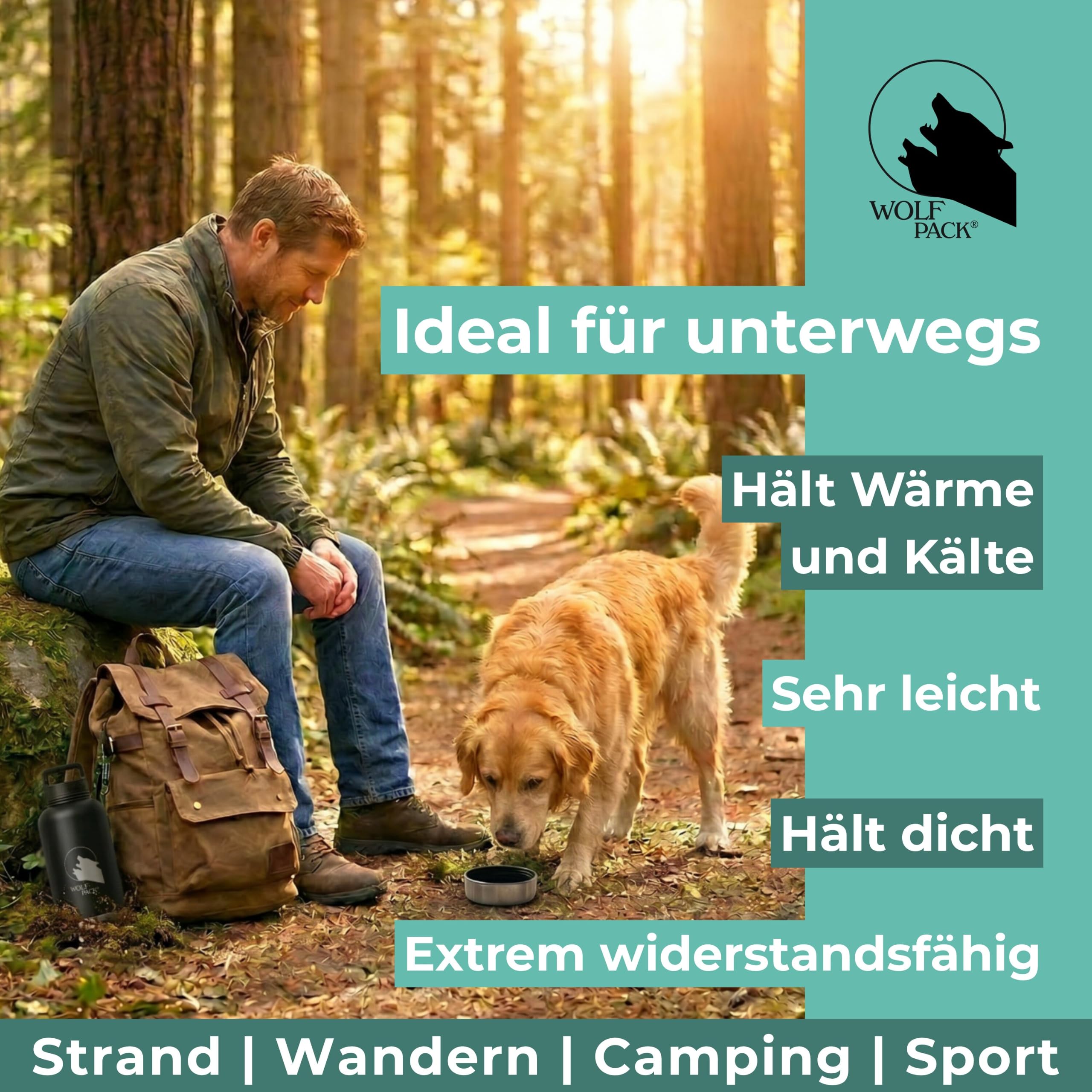 Wolf Pack Hydro Hundetrinkflasche für unterwegs – 1 L 3-in-1 Edelstahl-Trinkflasche mit 2 Hundenäpfen für Wasser und Futter, vakuumisoliert, auslaufsicher, BPA-frei, Karabiner
