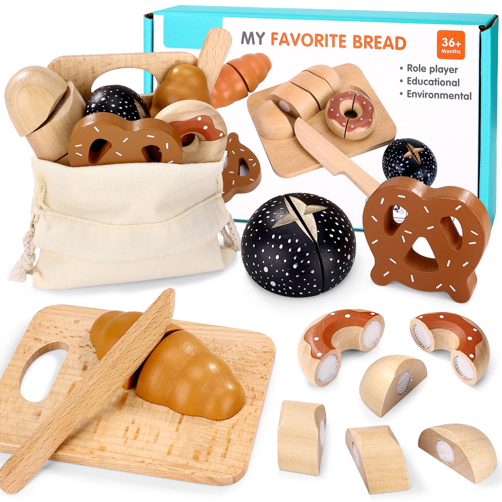 DESPOINA Kinderküche Zubehör, Spielküche Zubehör aus Holz, Frühstück Set Küchenspielzeug Brot Schneiden mit Klettverbindung, ab 3 Jahre Lernspielzeug Rollenspiele Geschenk für Mädchen und Junge