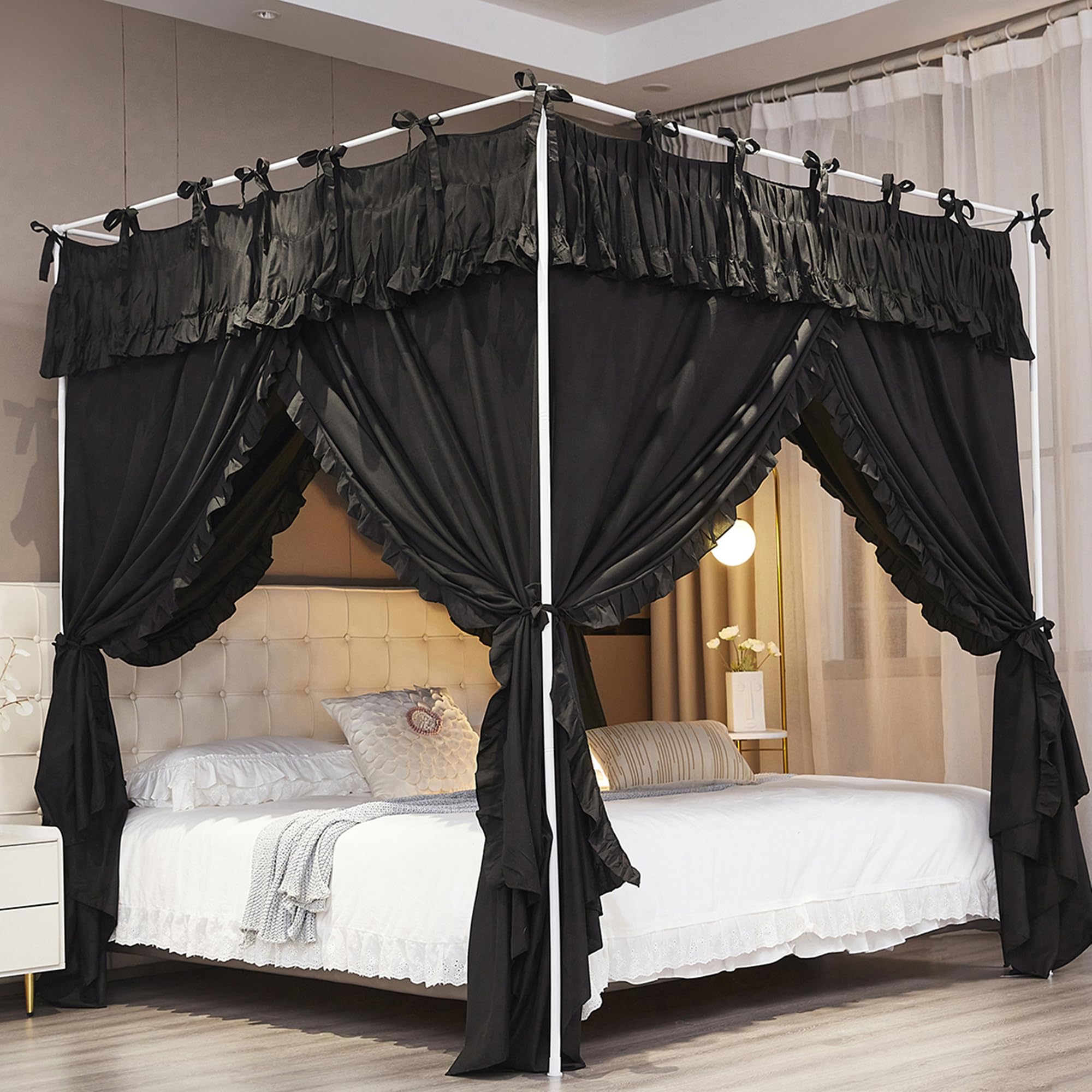 NXGIO Ruffle Lace up 4 Corners Post Princess Curtain Bed Canopy Cozy Breathable Mosquito Net Cloth for Girls Adults Bedroom Decoration (Black, 64