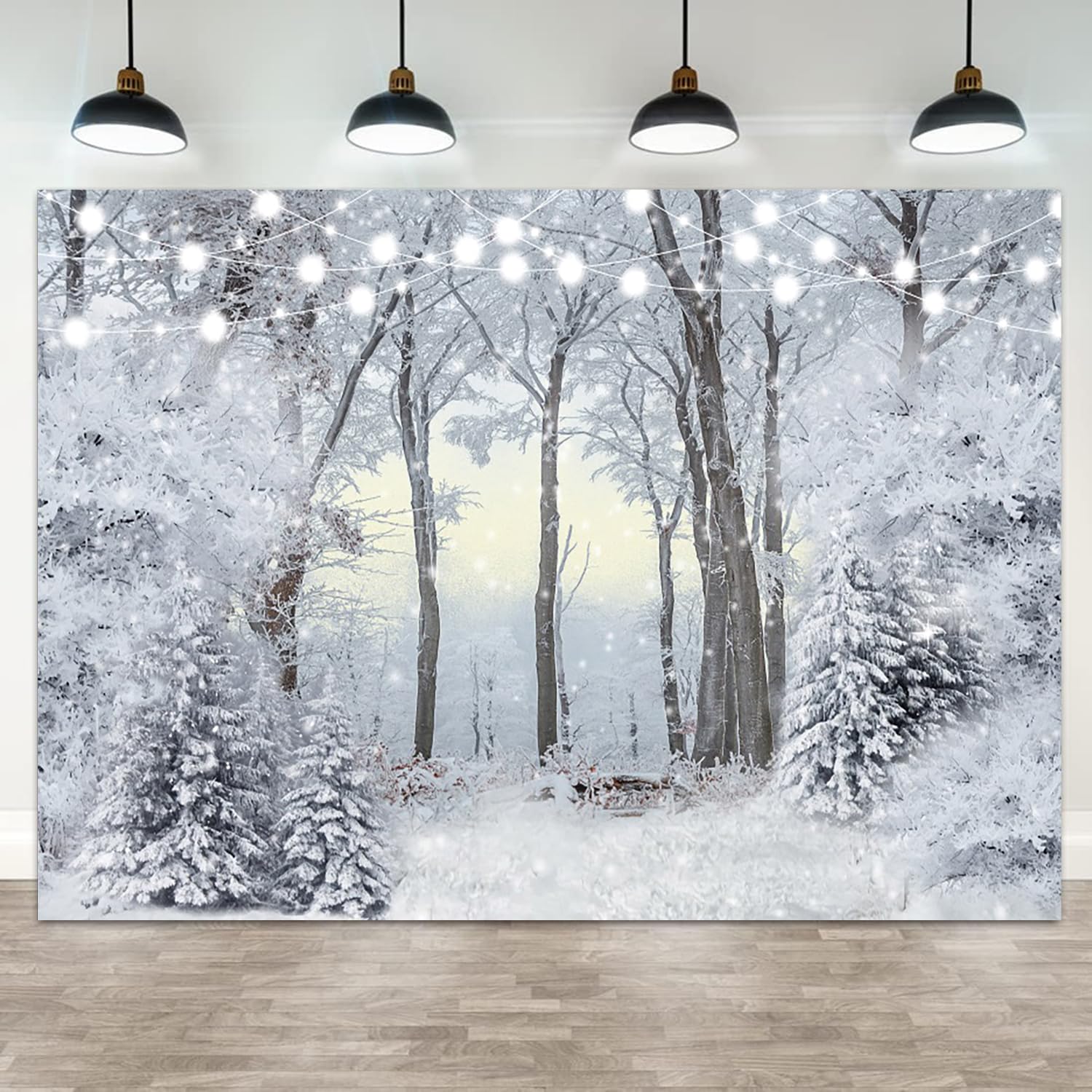 Toile de fond de Noël paysage enneigé pour photographie, fond blanc, sapin enneigé, flocon de neige, bannière à paillettes, décoration de Noël, Nouvel An, vacances, fête, accessoire de