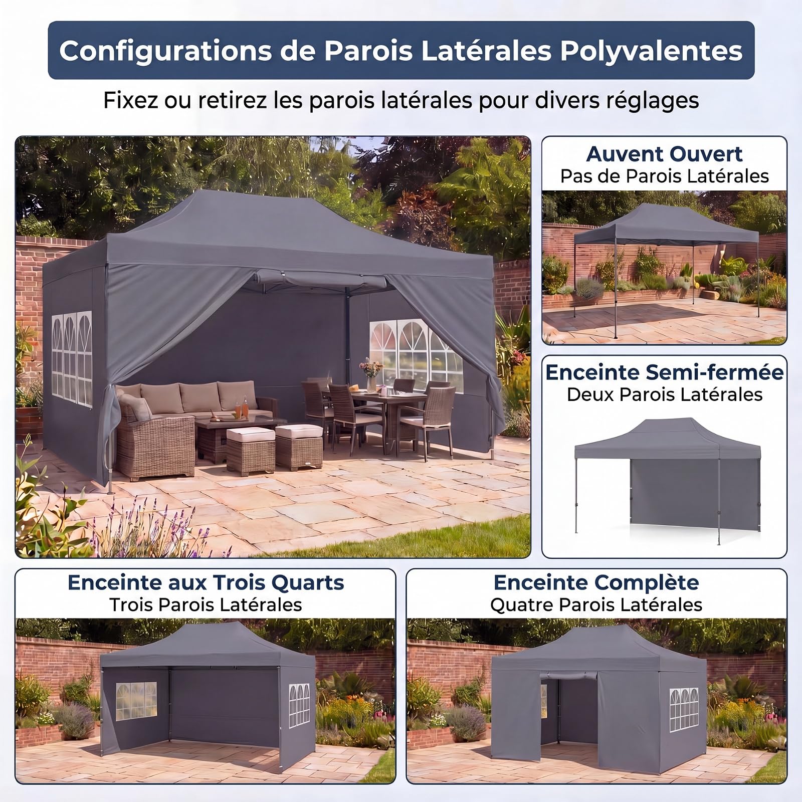 RELAX4LIFE Tonnelle Pliante avec 4 Parois Amovibles, 3x4,3M Barnum Pliant avec Porte Zippée Enroulable, Cadre en Acier au Carbone, Sac à Roulettes, Gazebo Tente de Réception pour Marché Événement,Gris