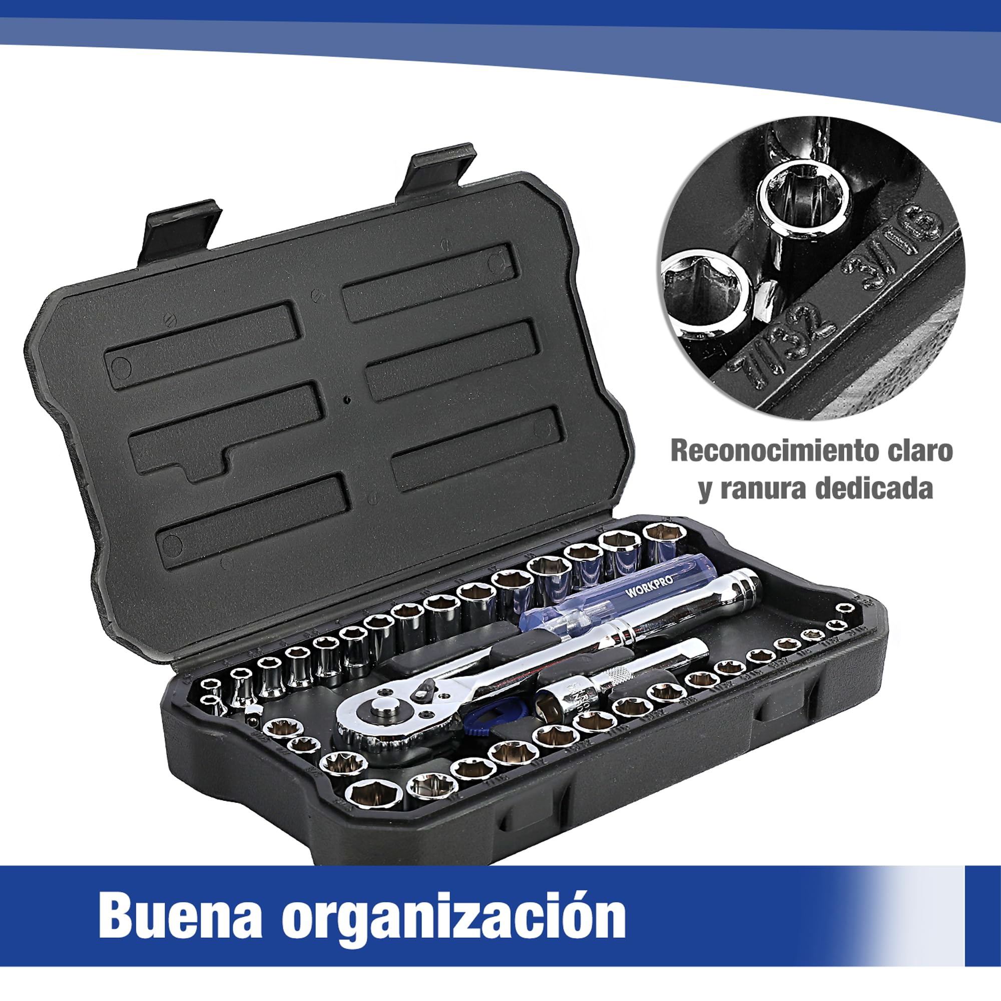 WORKPRO - Juego de llaves de vaso, Cr-V, 9,5 mm (1/4'') y 6,35 mm (3/8'') y tinquete de liberación rápida (39 piezas)