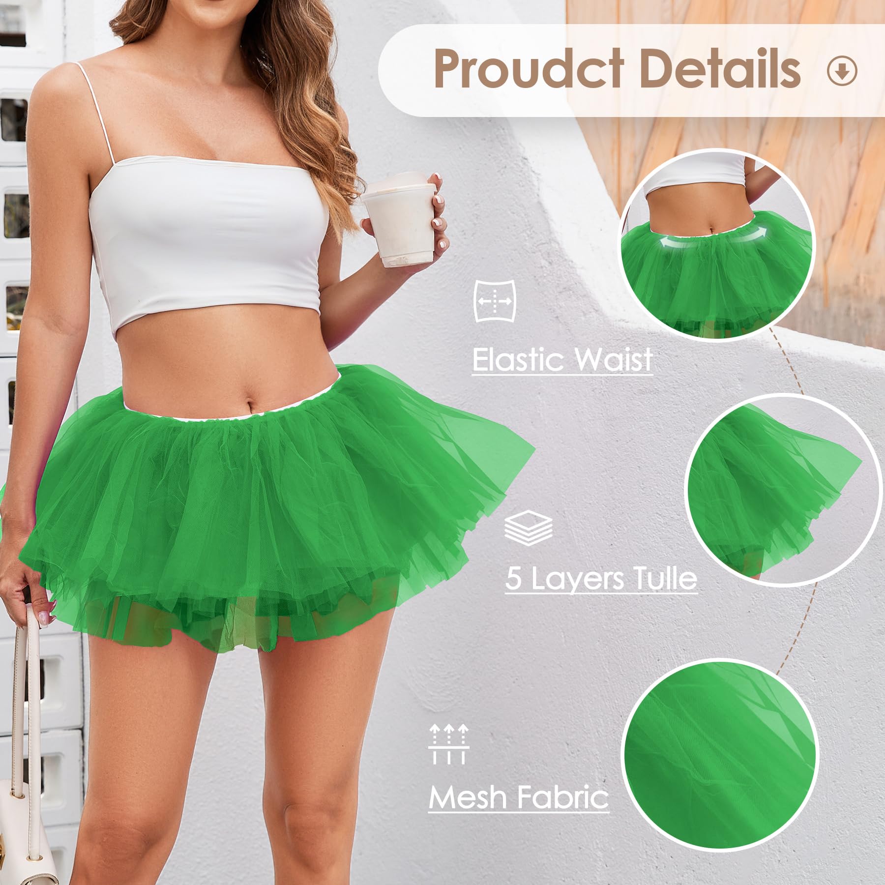 Women 5 Layers Tutu Fluffy Dance Ballet Bubble Skirt Puffy Elastic Tulle Short Skirts Halloween Christmas Costume: Green 1