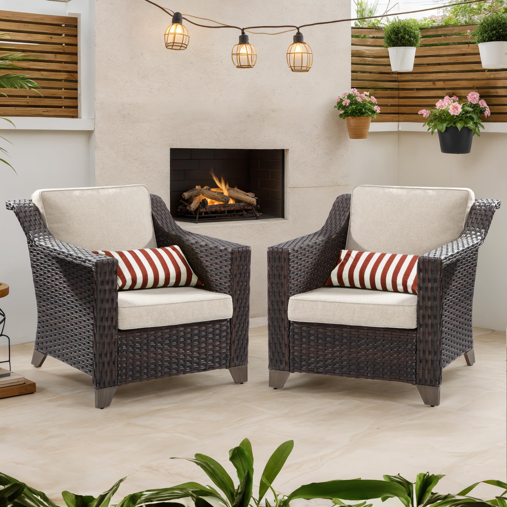 Patio Chairs Set of 2, Rattan Wicker Chairs Chairs Outdoors, for Garden Backyard Porch(Brown/Beige)