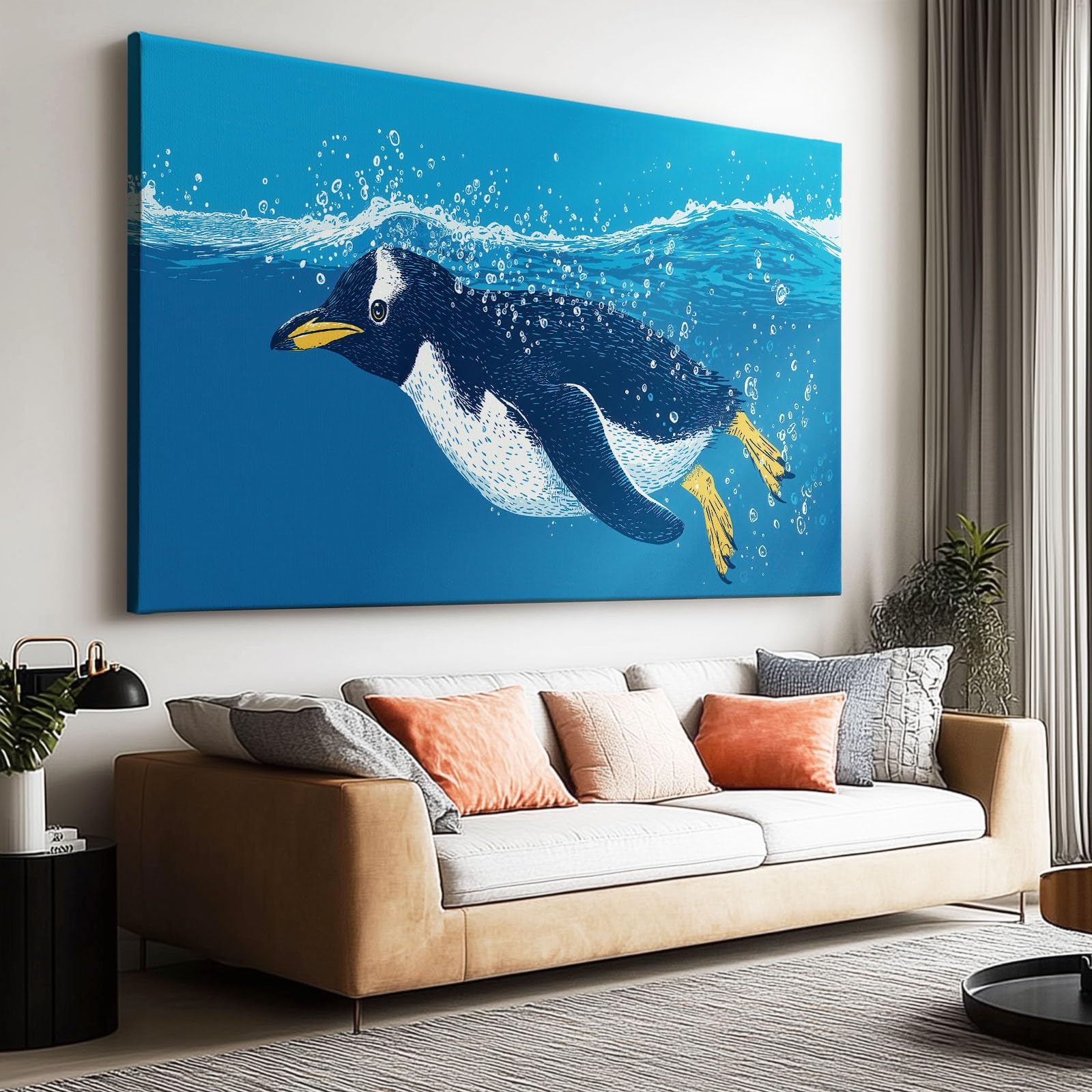 Genérico Obraz na płótnie z nadrukiem 3D niebieski pingwin z kreskówek 100 x 75 cm nowoczesne duże obrazy na ścianę, dekoracja salonu i sypialni, z ramą