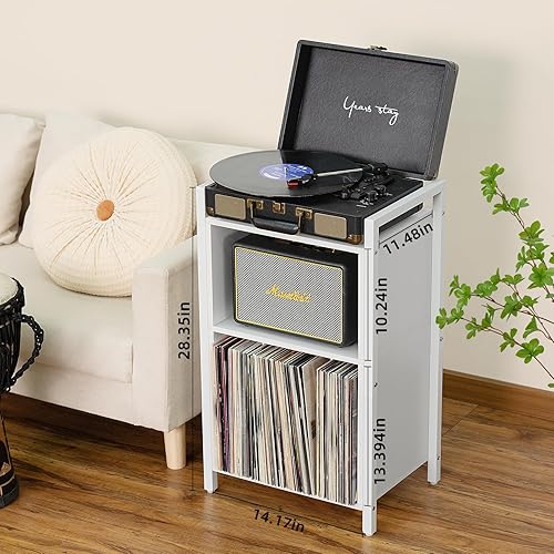 Miniatura 3 de YAHARBO Soporte para tocadiscos, soporte para discos de vinilo de 3 estantes con almacenamiento, soporte para discos blanco, soporte para tocadiscos