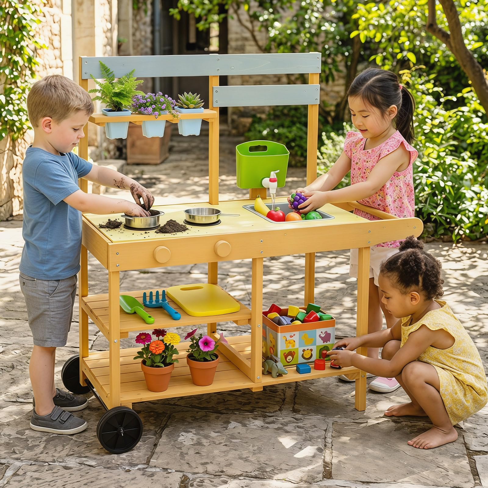 COSTWAY Matschküche Kinder Outdoor, Spielküche mit Wassertank & Wasserhahn | Kinderküche mit Rädern, Spüle, 3 Blumentöpfen, Herd & Kochzubehör, Gartenspielküche für Kinder ab 3 Jahren