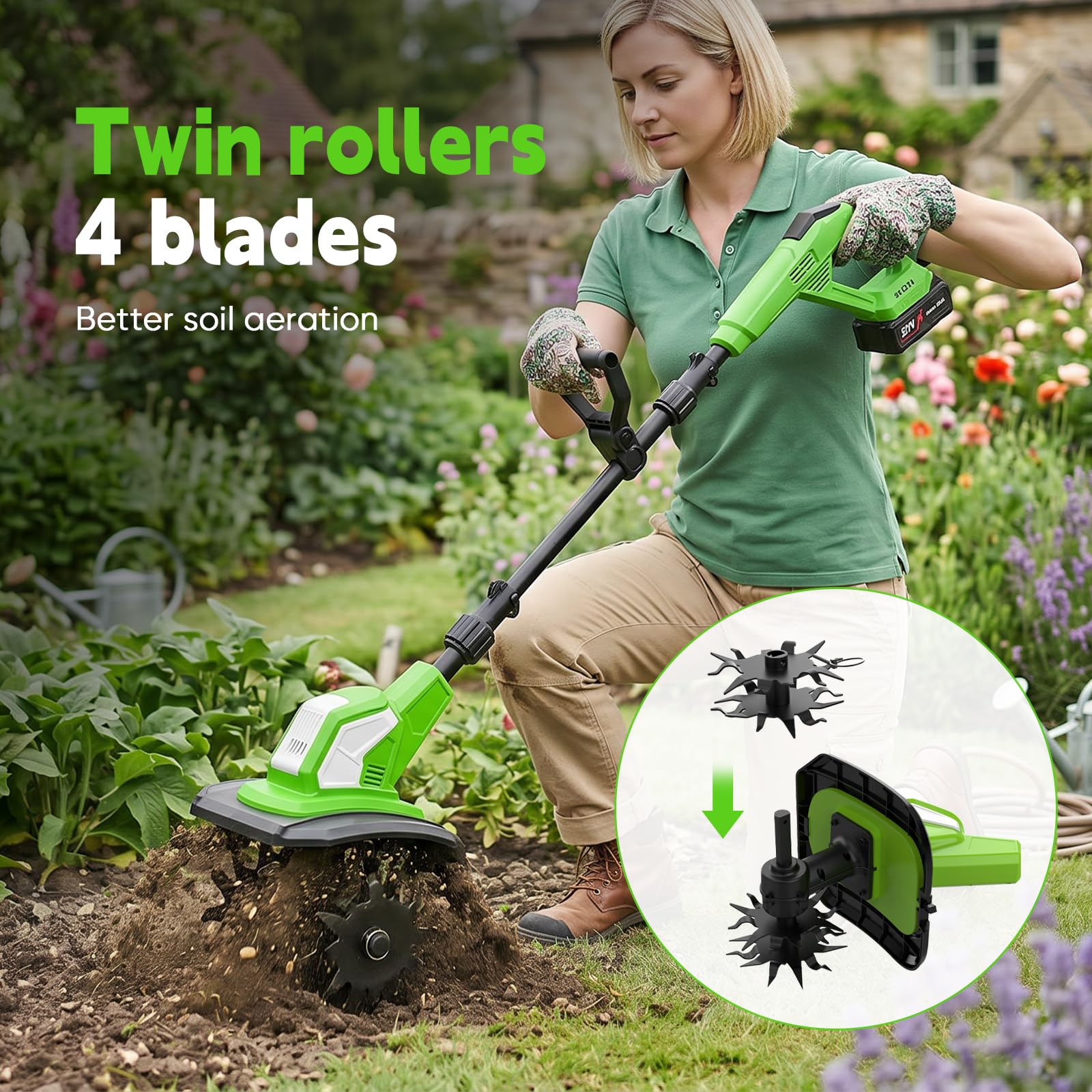 90-140 cm Gartenfräse Electrisch, BodenfräSe, Bodenhacke - 600 W, 4 ruedas dentadas extraíbles, 360 rpm, 24 cm de profundidad de trabajo, 17 cm de ancho de trabajo, interruptor de seguridad de 2
