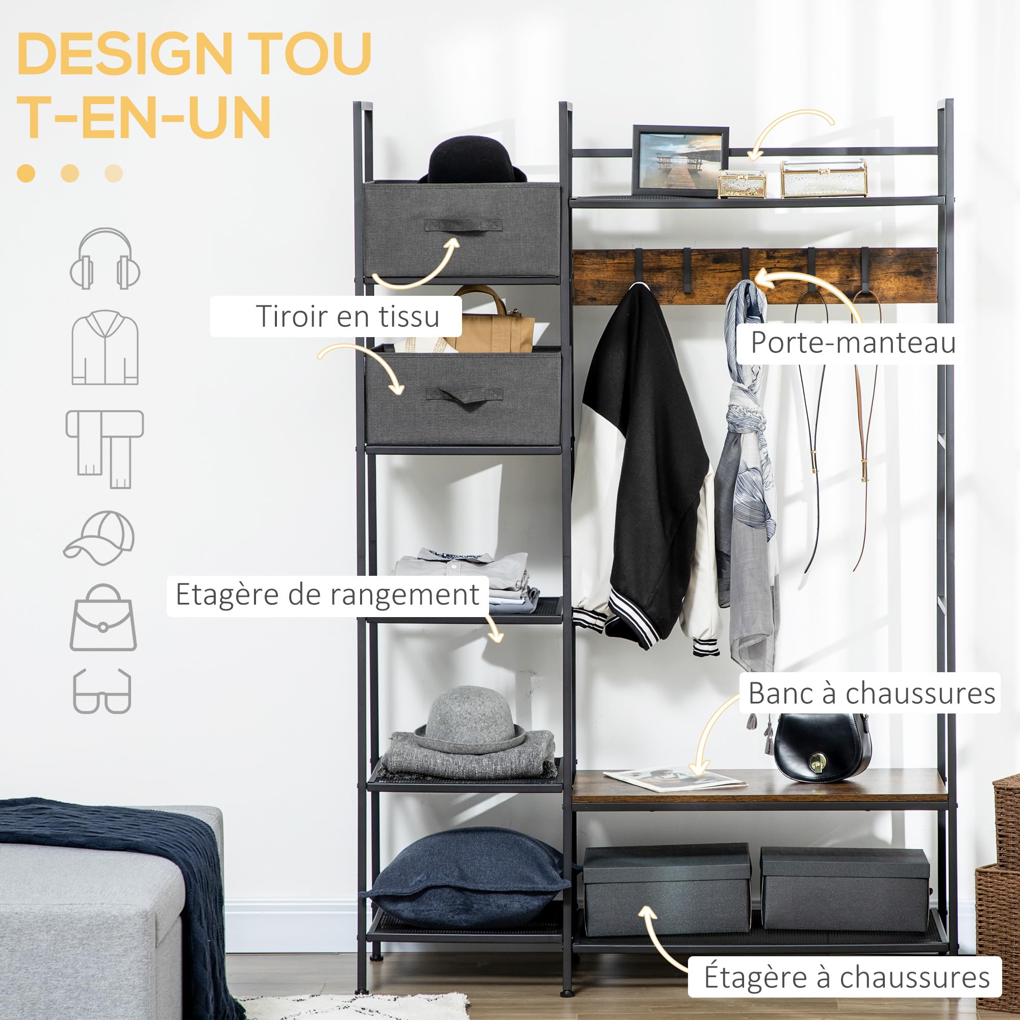 HOMCOM Porte-Manteau Vestiaire 125 x 43 x 185,5 cm Gris Brun Rustique | Meuble d'Entrée Style Industriel, Banc à Chaussures, Étagères, 5 Crochets Détachables, 2 Paniers en Tissu, Acier Bois