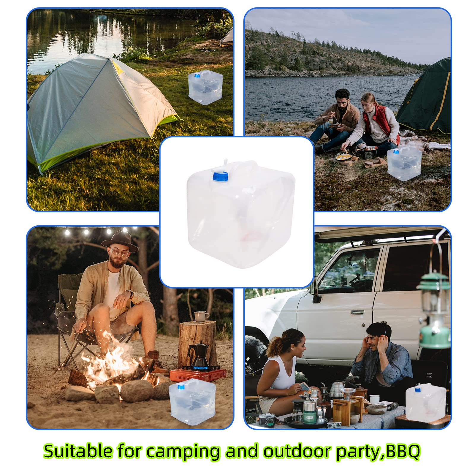 Lot de 2 récipients à eau pliables de 15 litres avec robinet, carafes d'eau cubiques pliables pour stockage d'eau portable pour l'extérieur, le camping, la randonnée