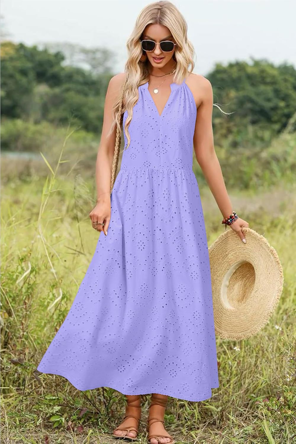Newshows Women's 2025 Summer Maxi Dresses Halter V Neck Eyelet Hollow Out Long Flowy Beach Vacation Boho Dress with Pockets - Image 5