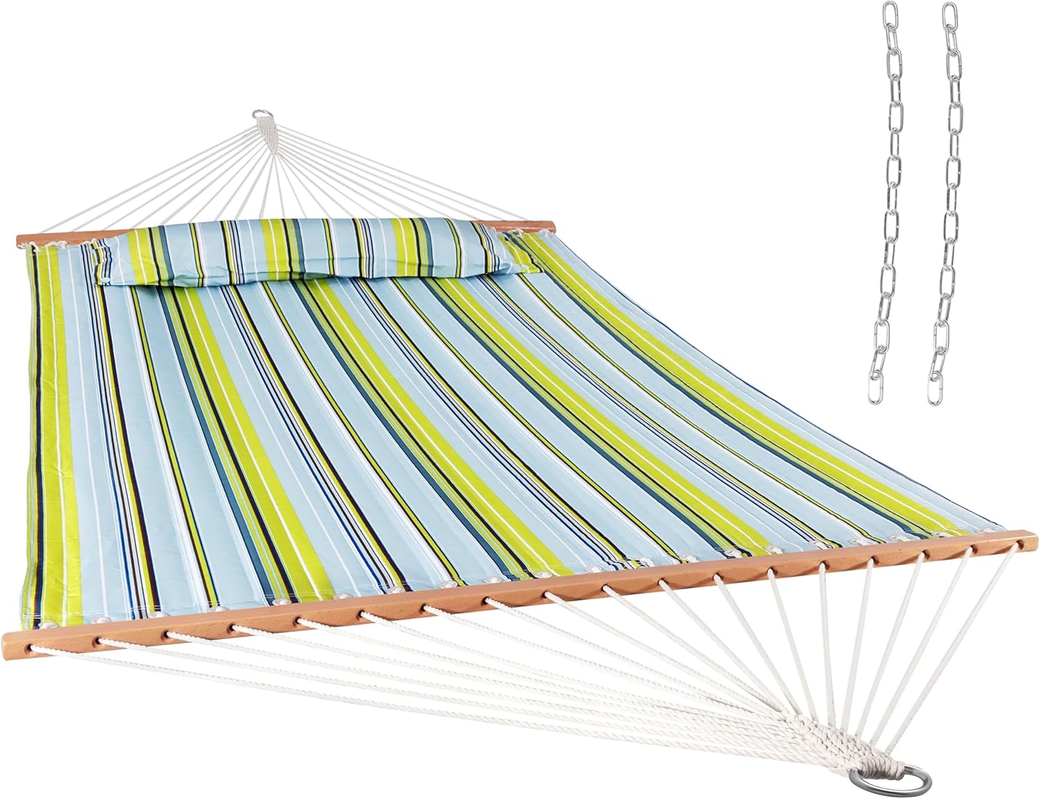 Sunnydaze Quilted Outdoor Hammock with Spreader Bars - Heavy-Duty 450-Pound Capacity Double Hammock for Outside - Blue and Green Blue and Green Hammock Only
