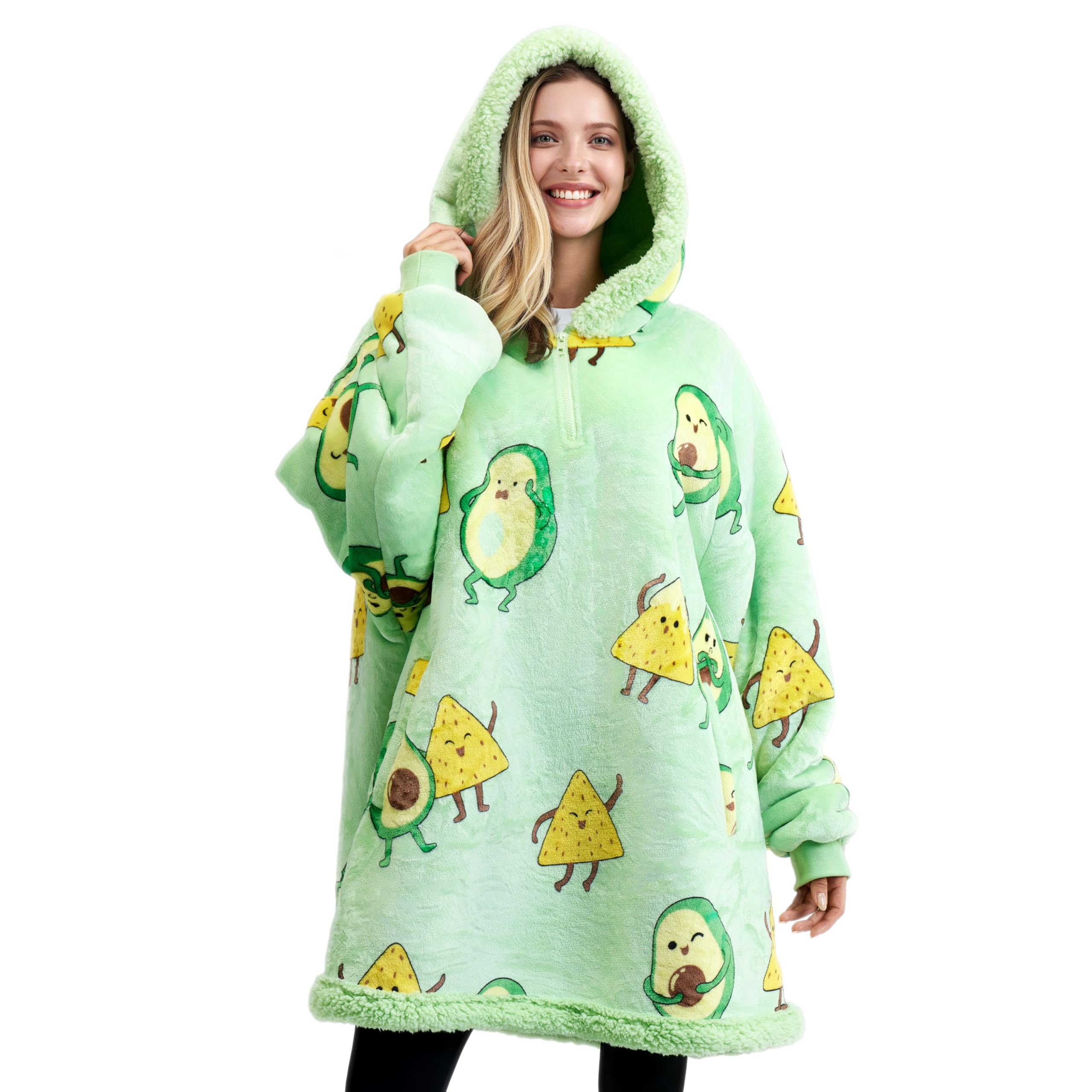 Giggling Getup Wearable Blanket Hoodie for Women Men - Oversized Flannel Sherpa Fleece Sweatshirt Blanket - with Giant Pocket & Sleeves - Cozy Warm Blanket Birthday Gifts for Adults Avocado