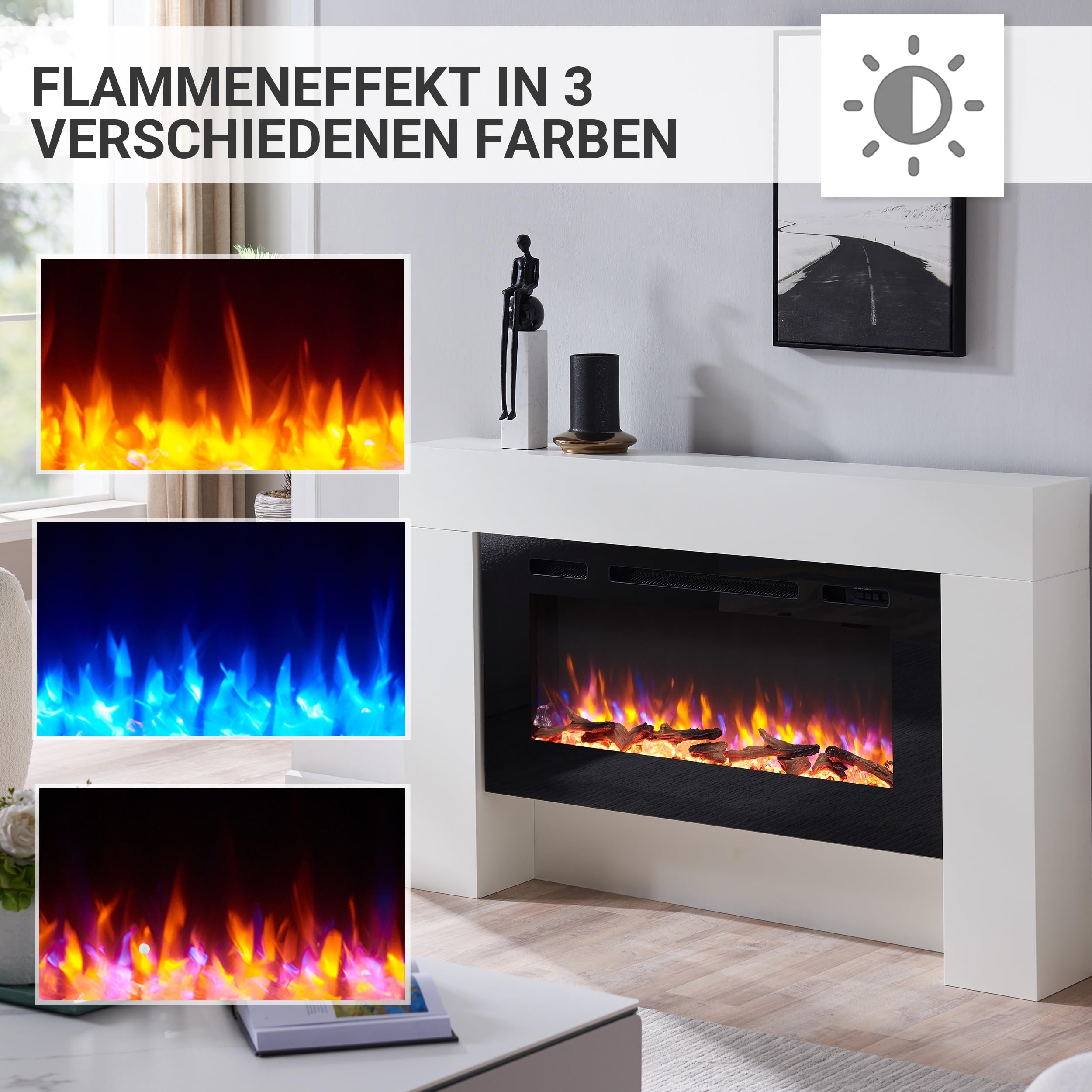 BALDERIA Elektrokamin Herkules, Elektrischer Standkkamin, Weiß | 3D-Flammeneffekt, Elektro Heizung 1000/2000W, LED-Beleuchtung, Fernbedienung, Timer, Startsteuerung, Thermostat