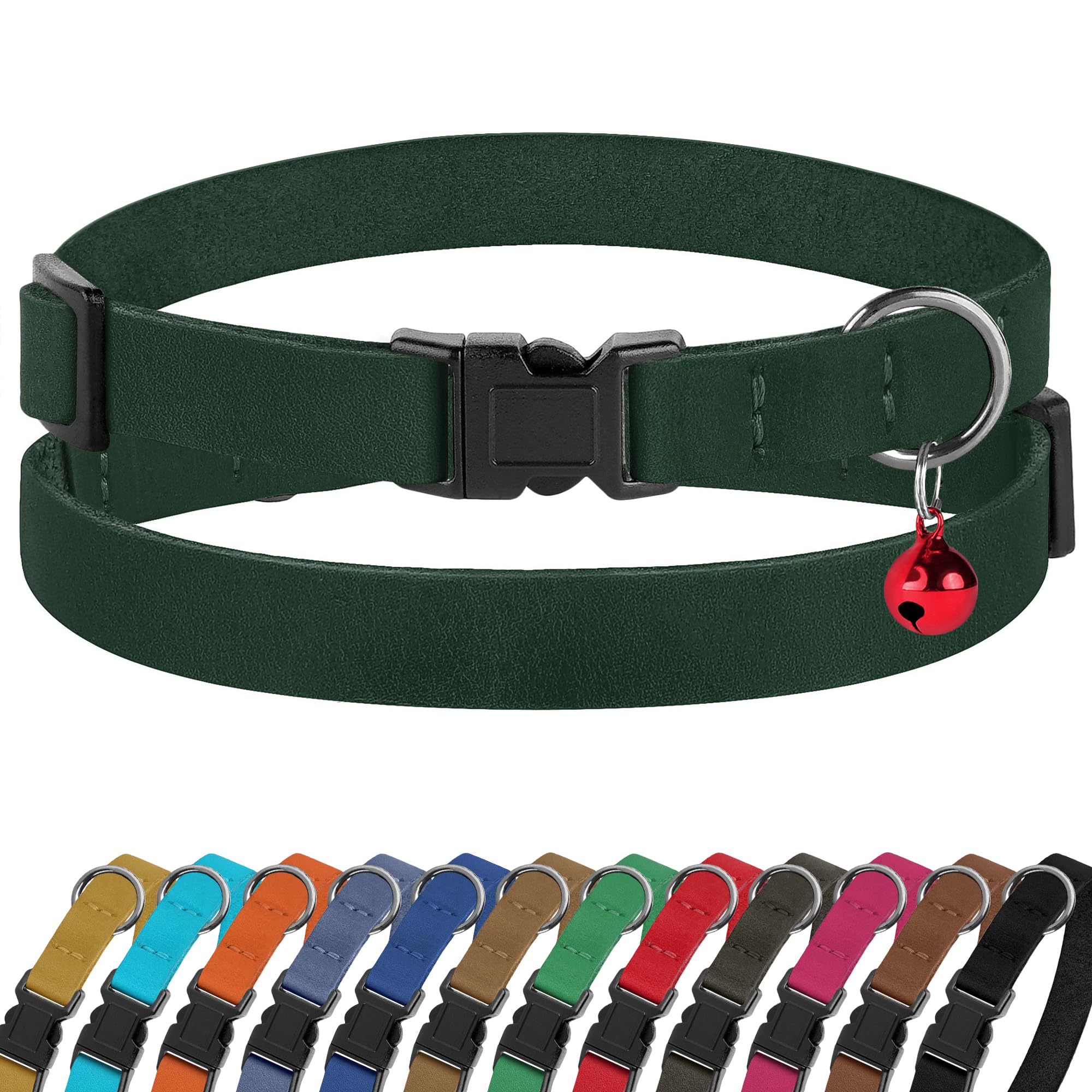 Breakaway Cat Collar Leather with Removable Bell - 13 Colors Available - Soft Adjustable Girl Boy Safety Lightweight Pet Kitten Collars Pink Brown Blue Green Red Orange Black (Emerald)