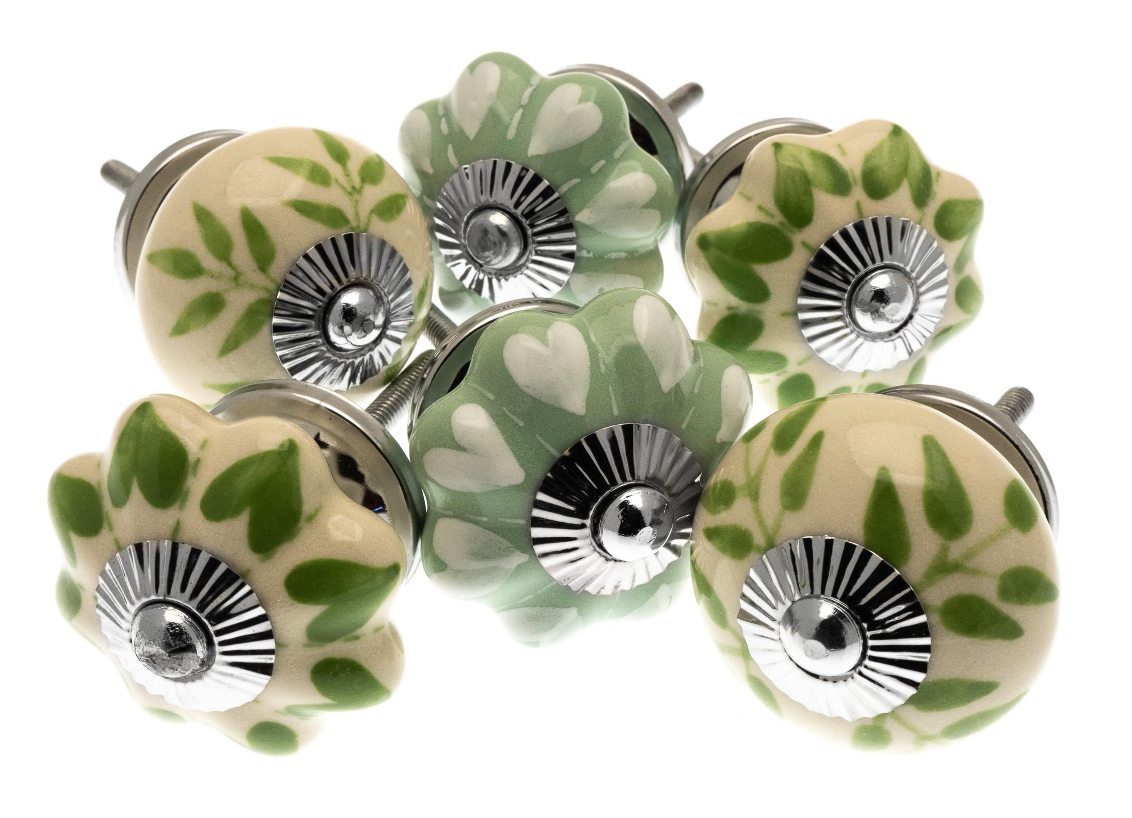 Mango Tree Vintage Cupboard Knob – Decorative Light Green and Cream with Patterns, Dots, Spots and Stripes Drawer Pull and Ceramic Door Handle – Elegant Hardware Set of 6