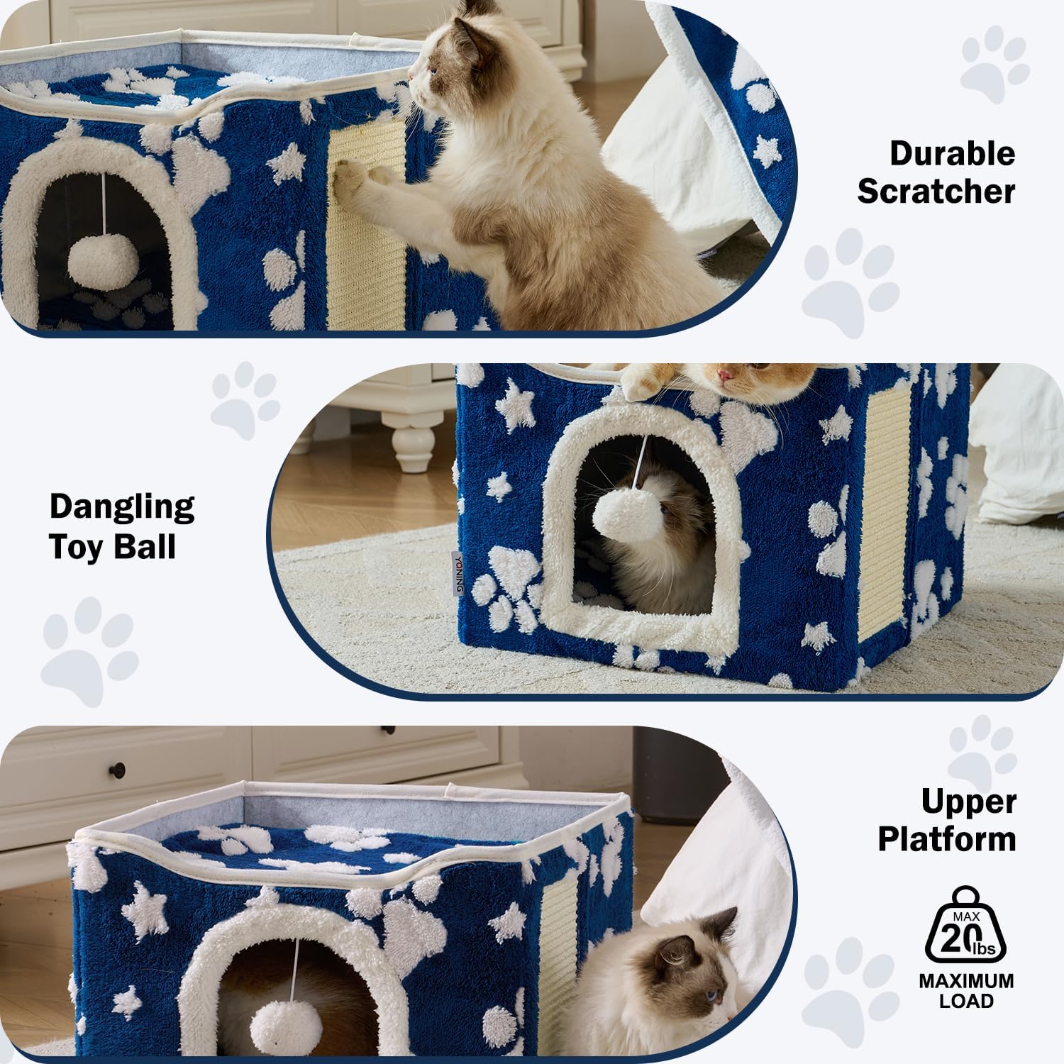 Cat Houses for Indoor Cats, Cute Cat Cave with Fluffy Ball Hanging and Scratch Pad, Foldable Kitten Condo Hideaway, 17x17x13 inches, Navy Paw
