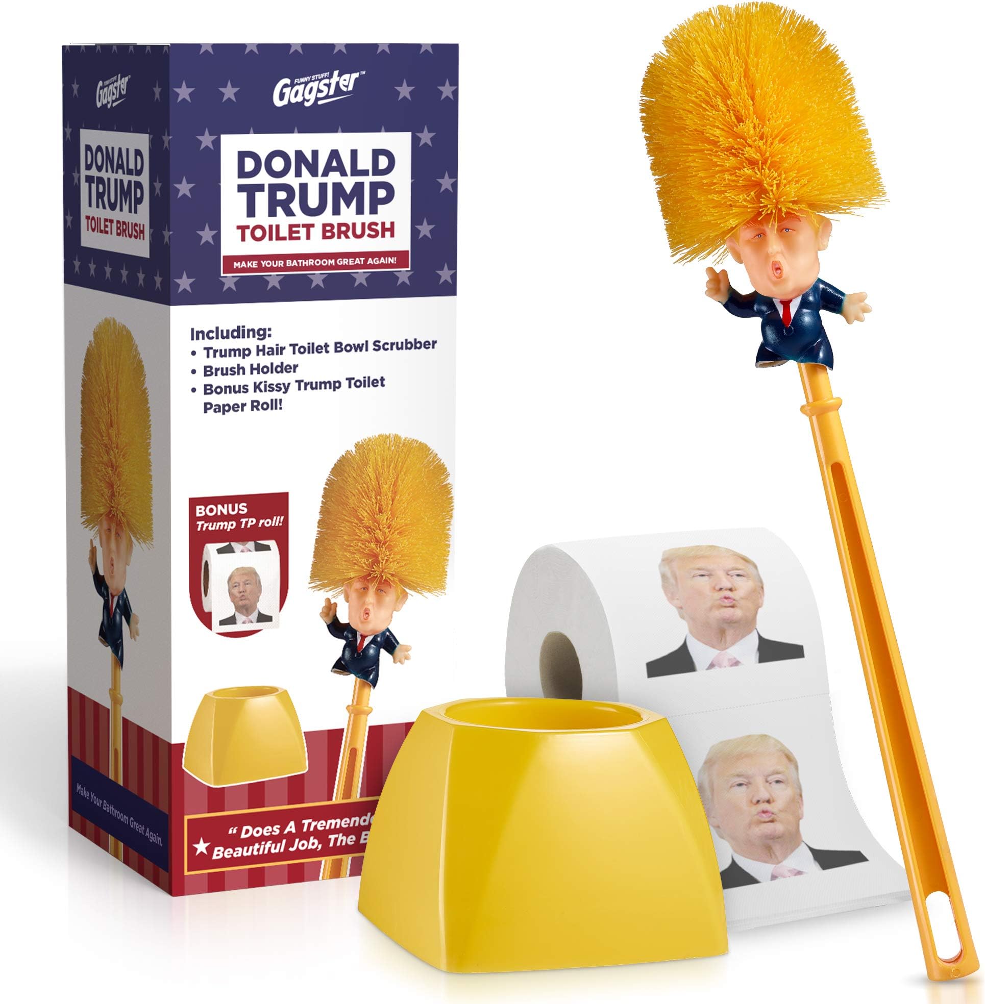 Trump Toilet Bowl Cleaner & Scrubber Set by Gagster – Democrat & Republican Bathroom Essentials Bundle – Trump Look-Alike Brush & 3-Ply Tissue Paper Roll – Top Political Gag Gift for Laughter